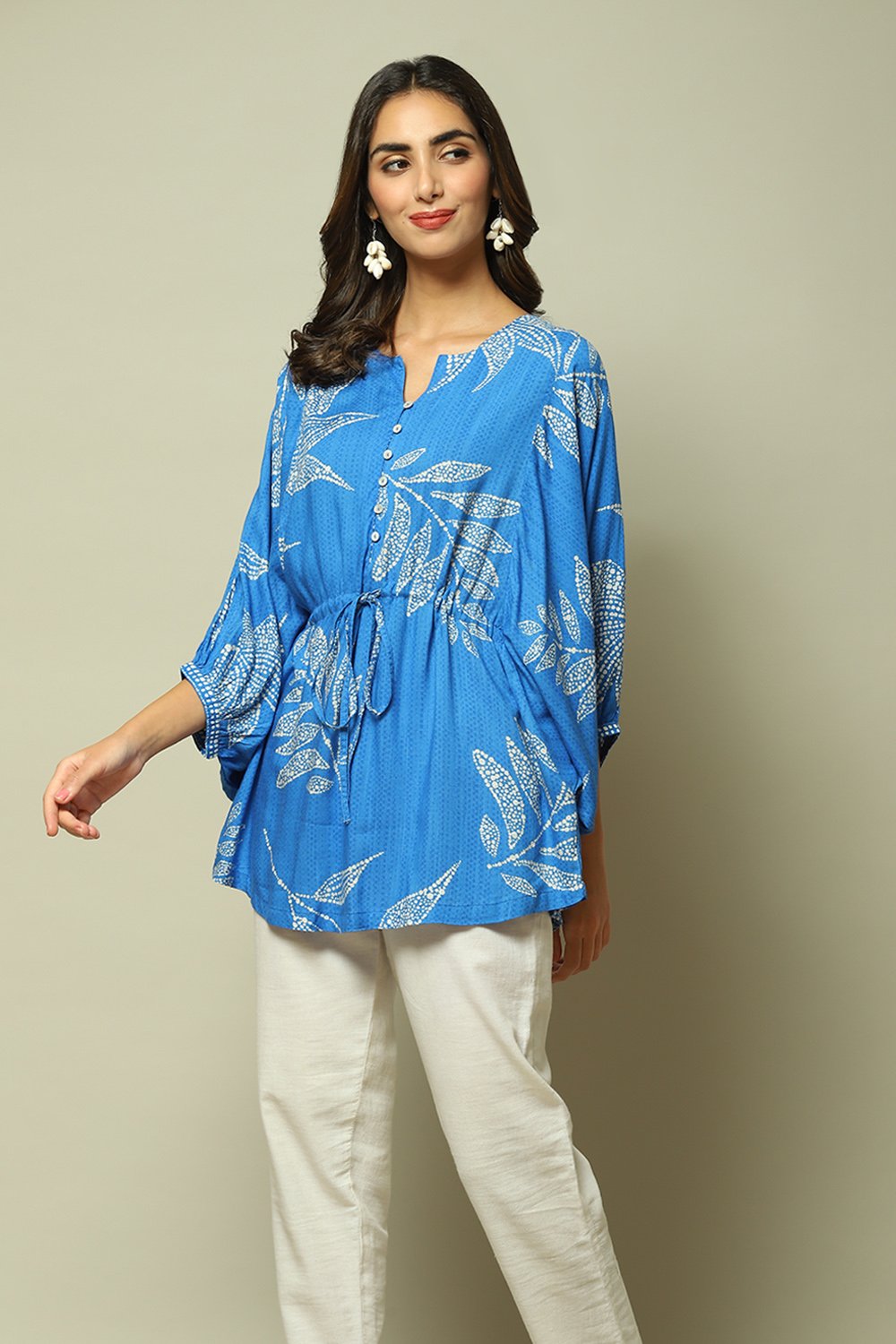 Blue Rayon Straight Printed Top