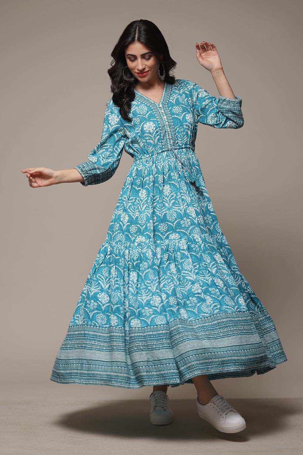 Buy Turquoise Rayon Tiered Dress for INR1679.40 |Biba India