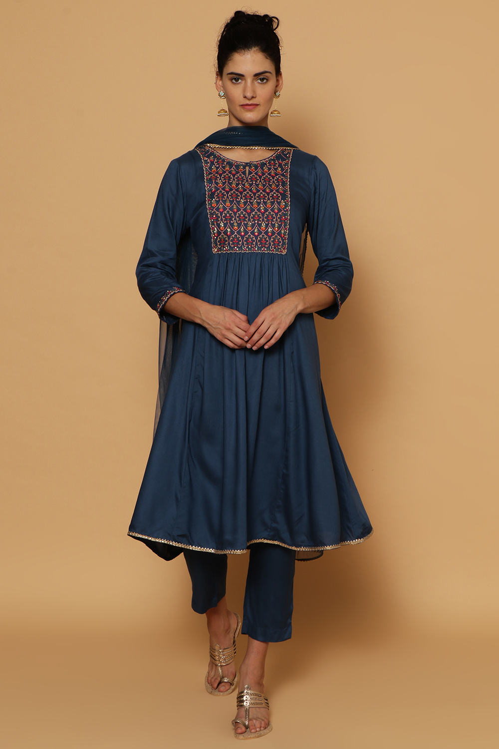 Blue Rayon Kalidar Kurta Slim Pant Suit Set image number 3