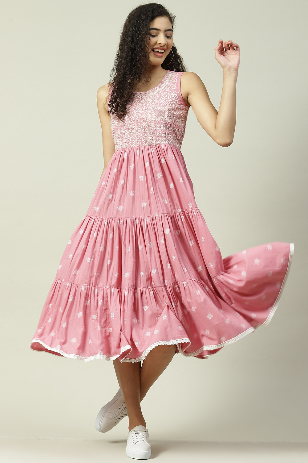 Pink Cotton Flared Printed Dress image number 5