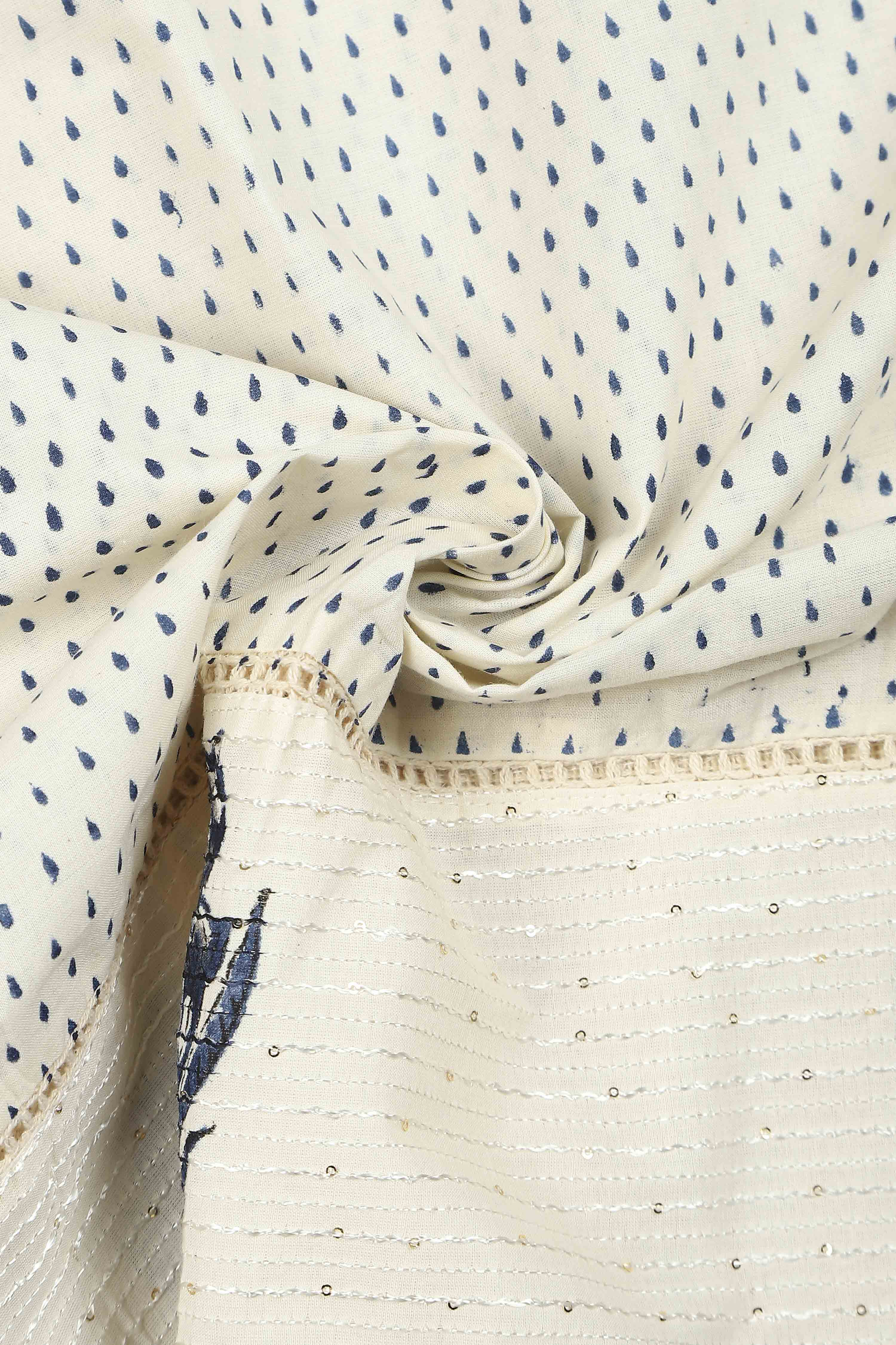 Blue Cotton Printed Embroidered Unstitched Suit Set image number 2