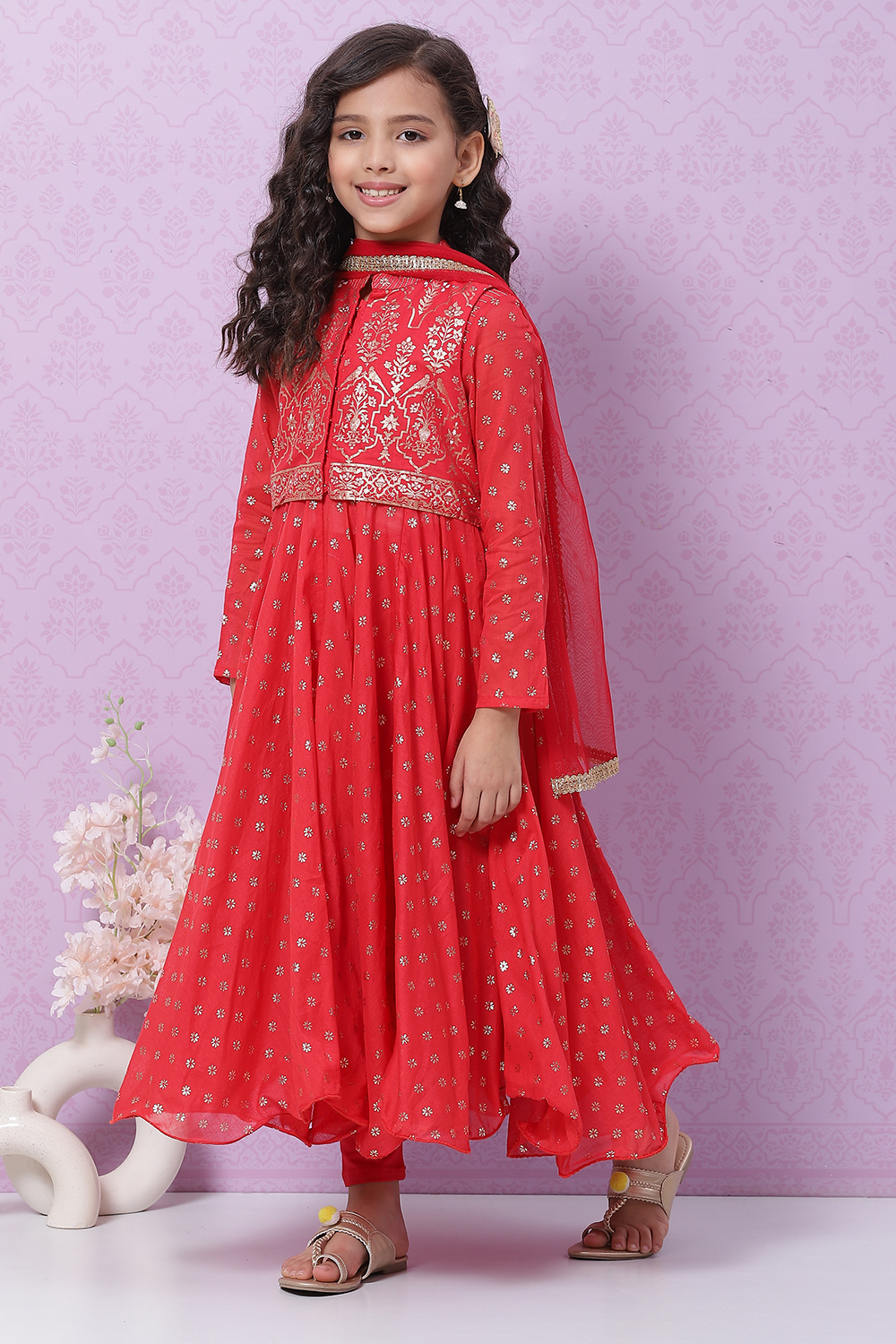 Red Cotton Anarkali Kurta Churidar Suit Set image number 3