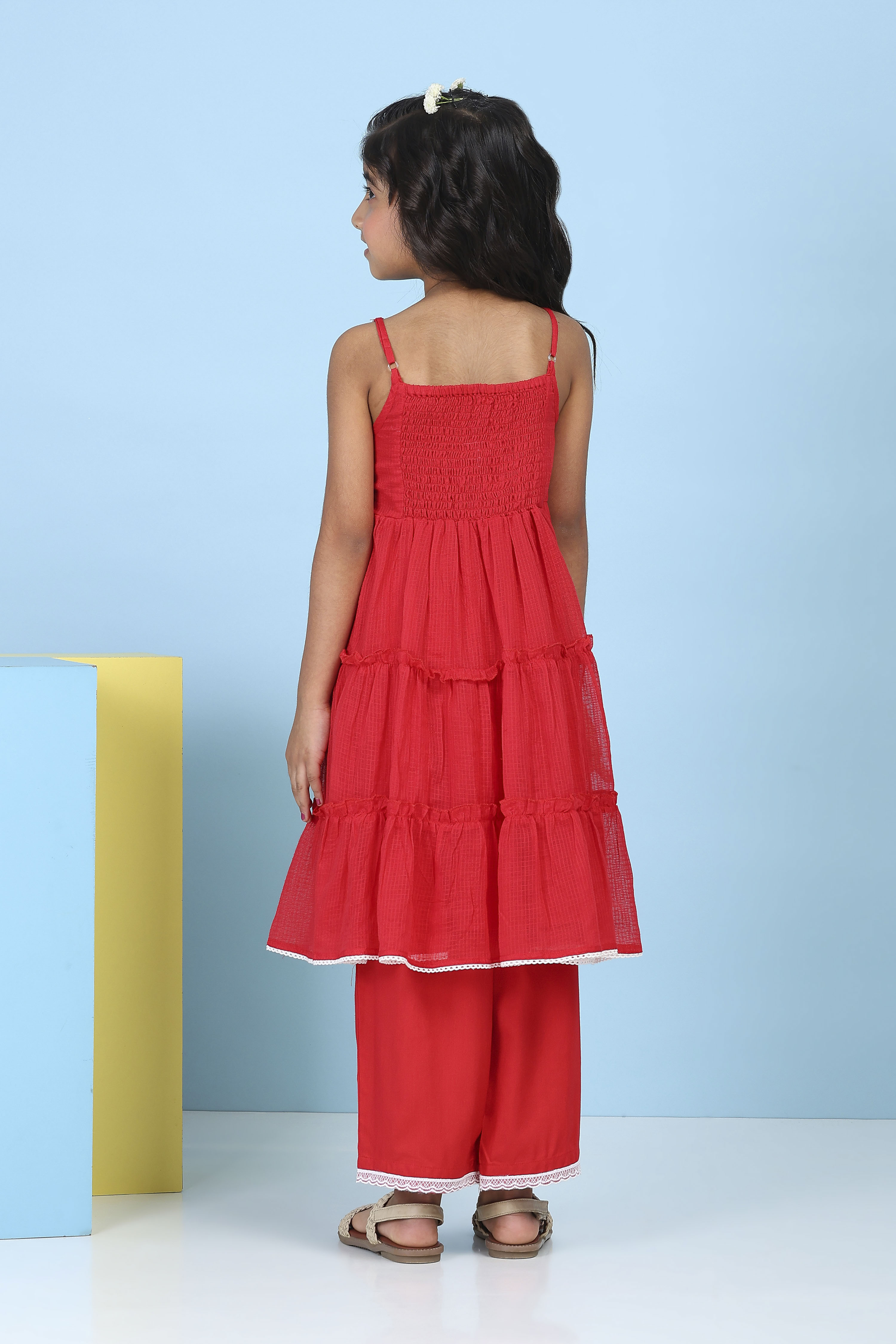 Red Cotton Solid Tiered Suit Set image number 4