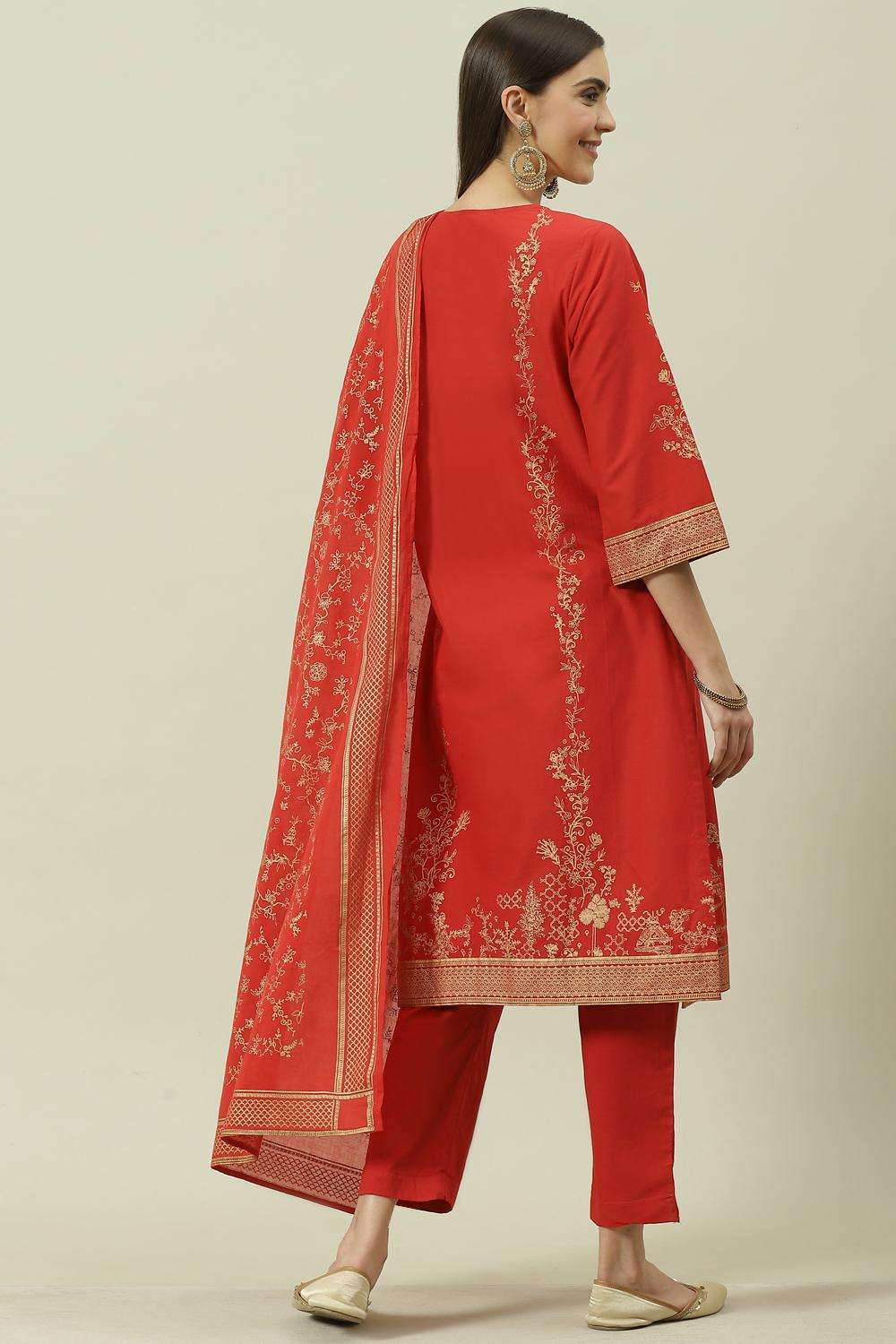 Red Printed Cotton Straight Kurta Slim Pants Suit Set image number 4