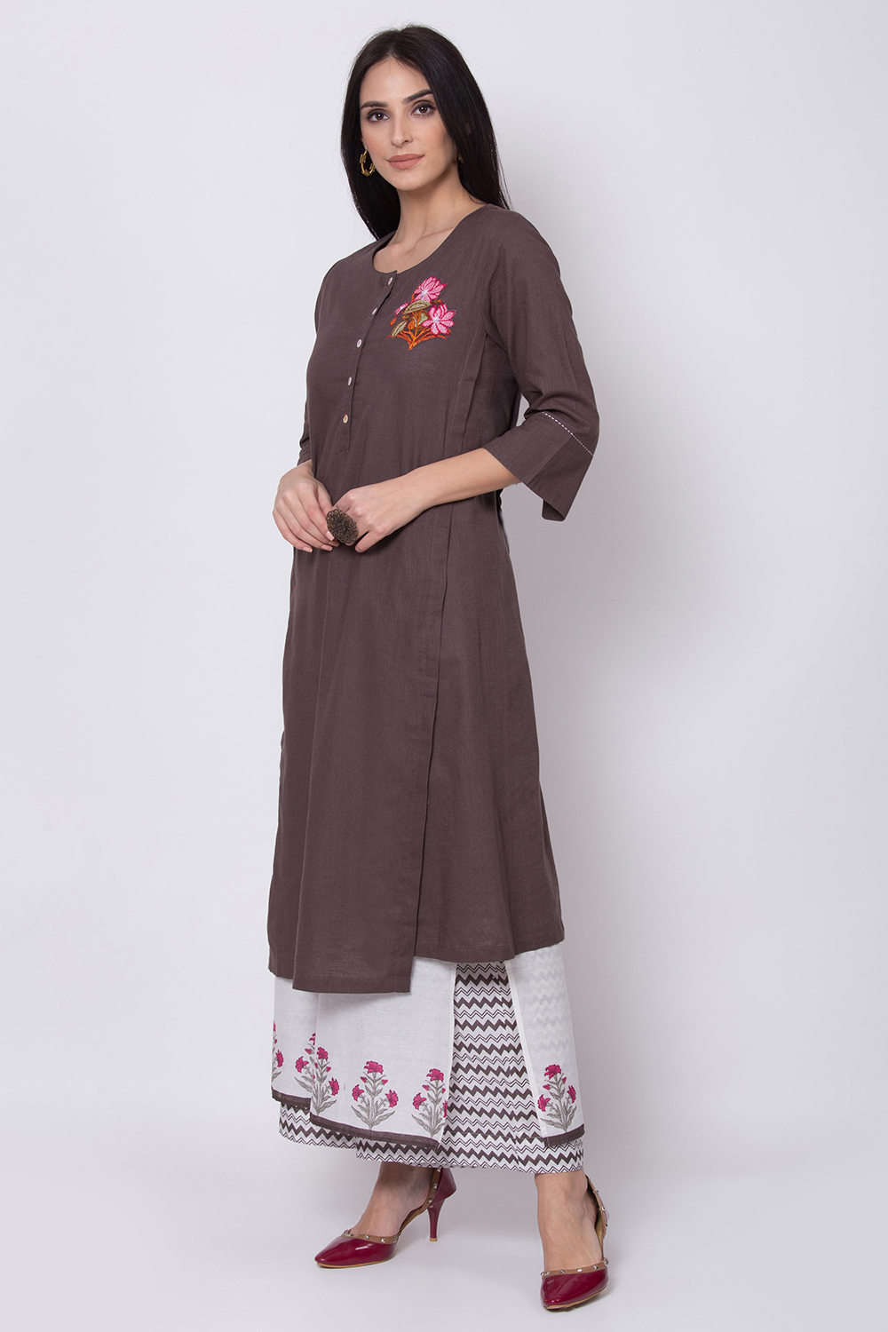 Charcoal Cotton A-Line Kurta Palazzo Suit Set image number 3