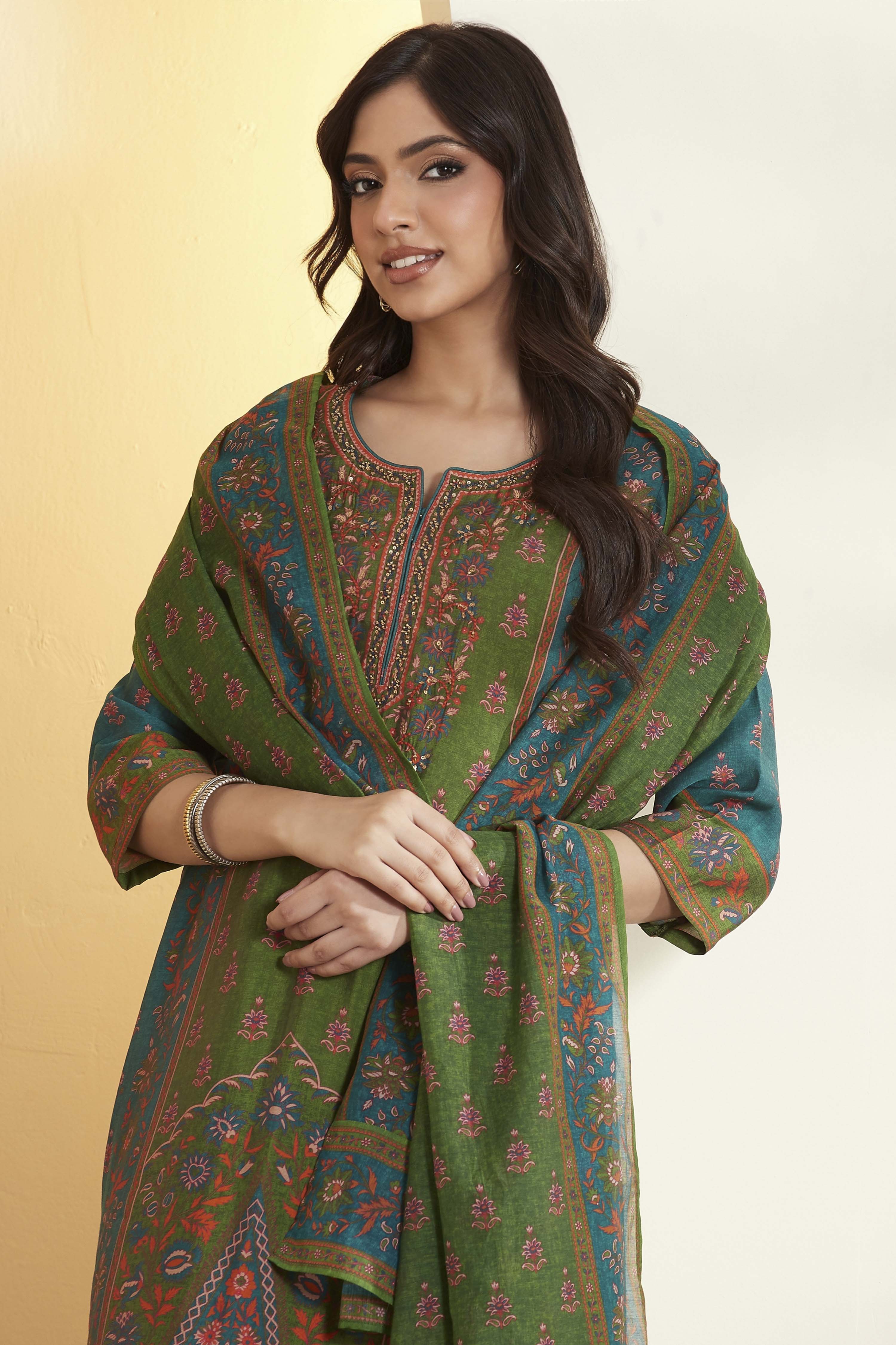Teal & Red Printed Straight Cotton Silk Kurta Set image number 1