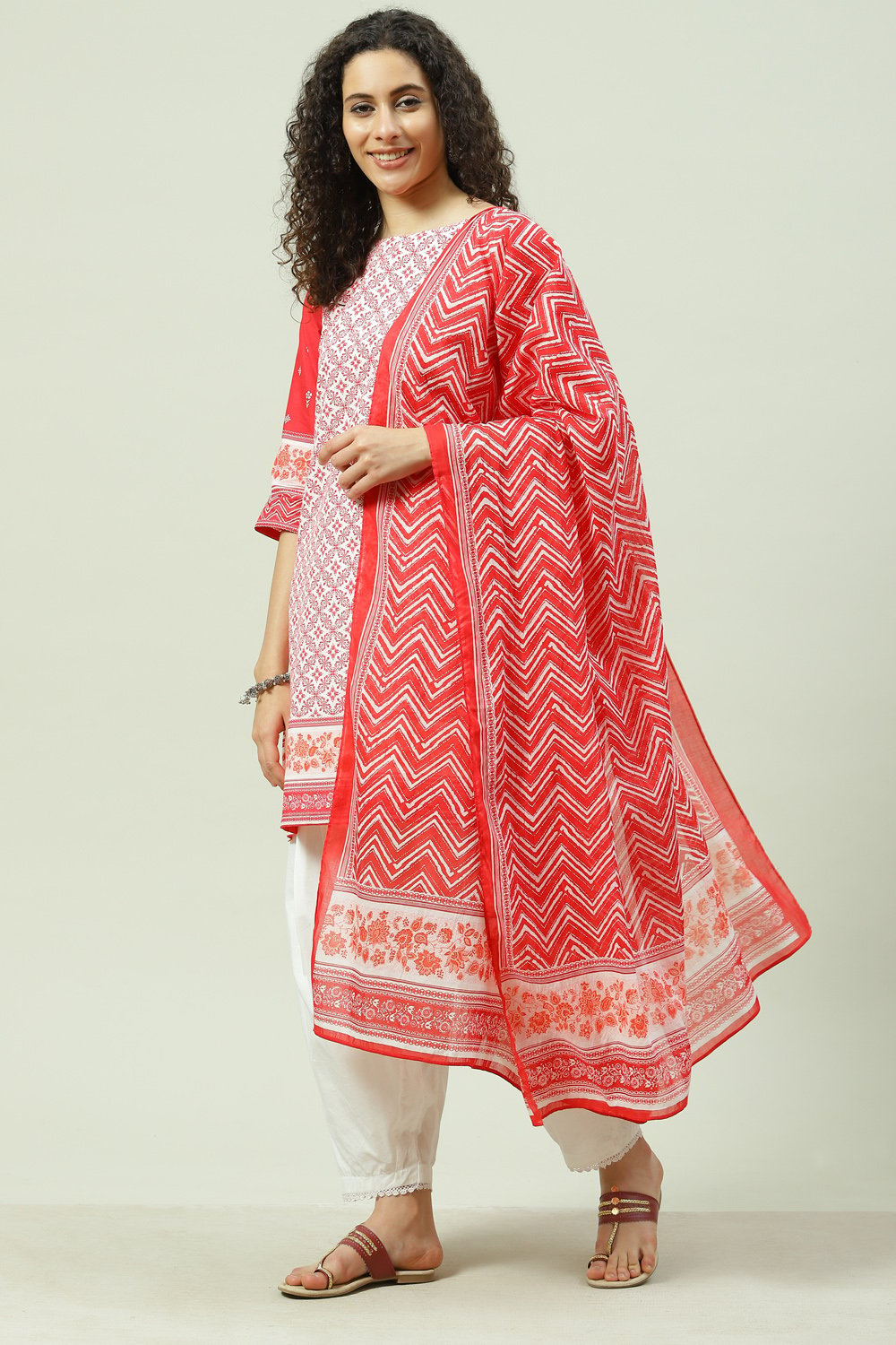 Red And White Cotton Straight Kurta Palazzo Suit Set image number 0