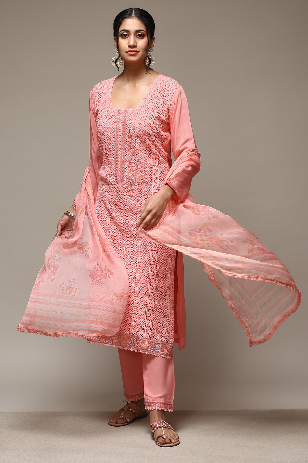 Pink Muslin Lace Unstitched Suit Set image number 1