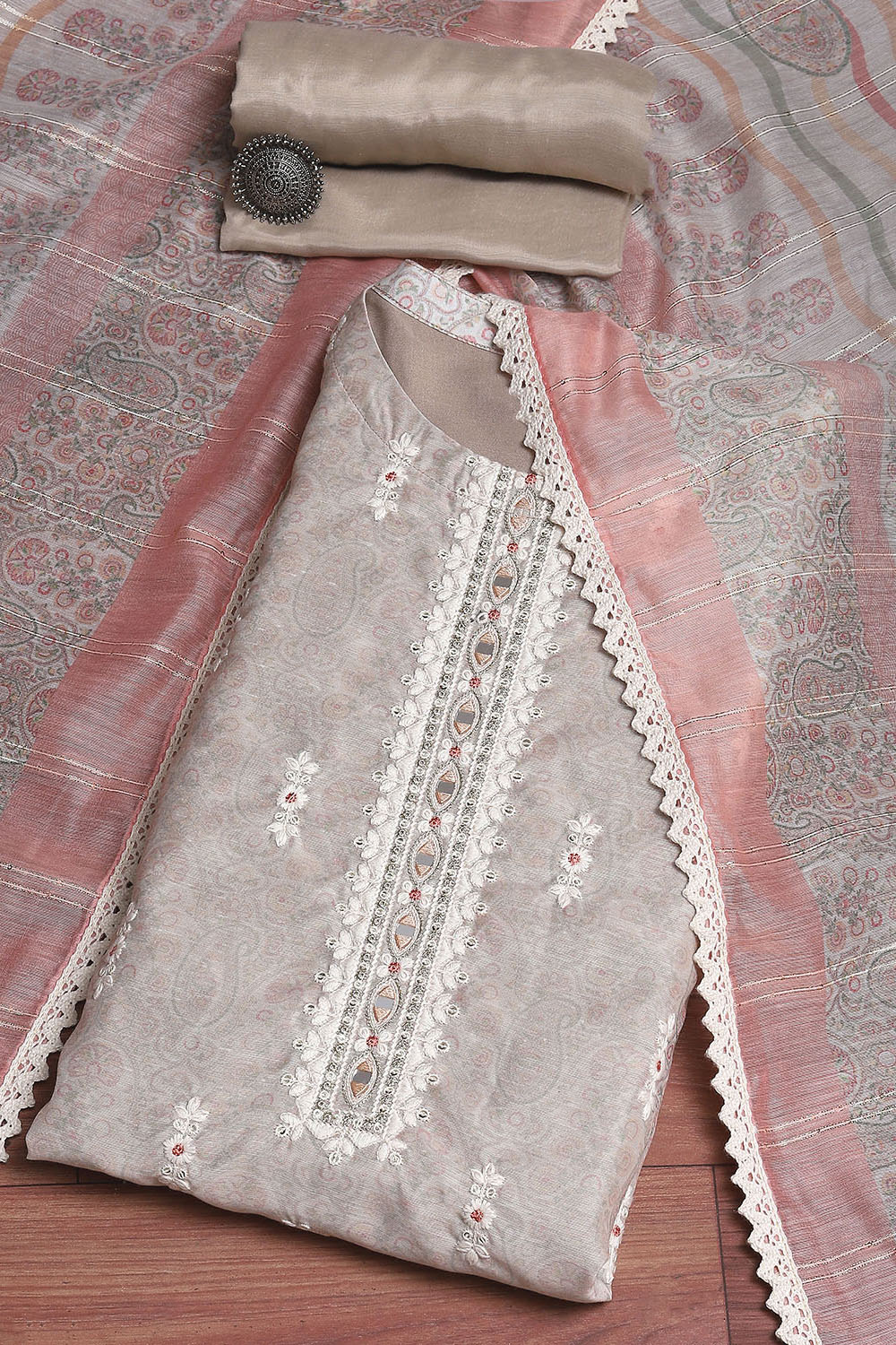 Beige Chanderi Blend Machine Embroidered Unstitched Suit Set image number 0