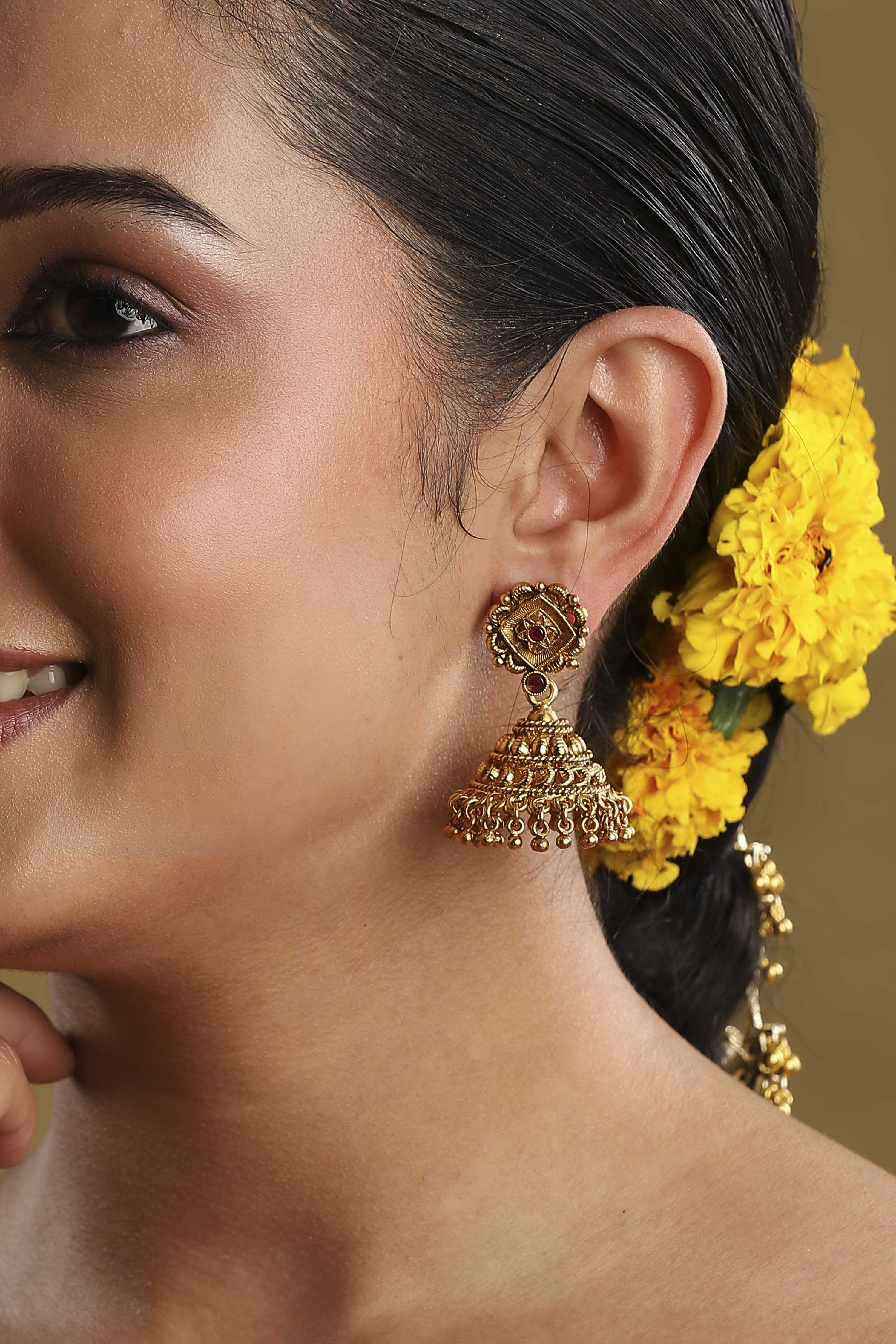 Red Gold Plated Minimal Stone Studded Jhumkas image number 1