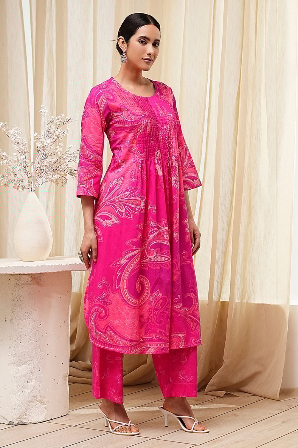 Pink Cotton Printed Pleated Kurta Set image number 5