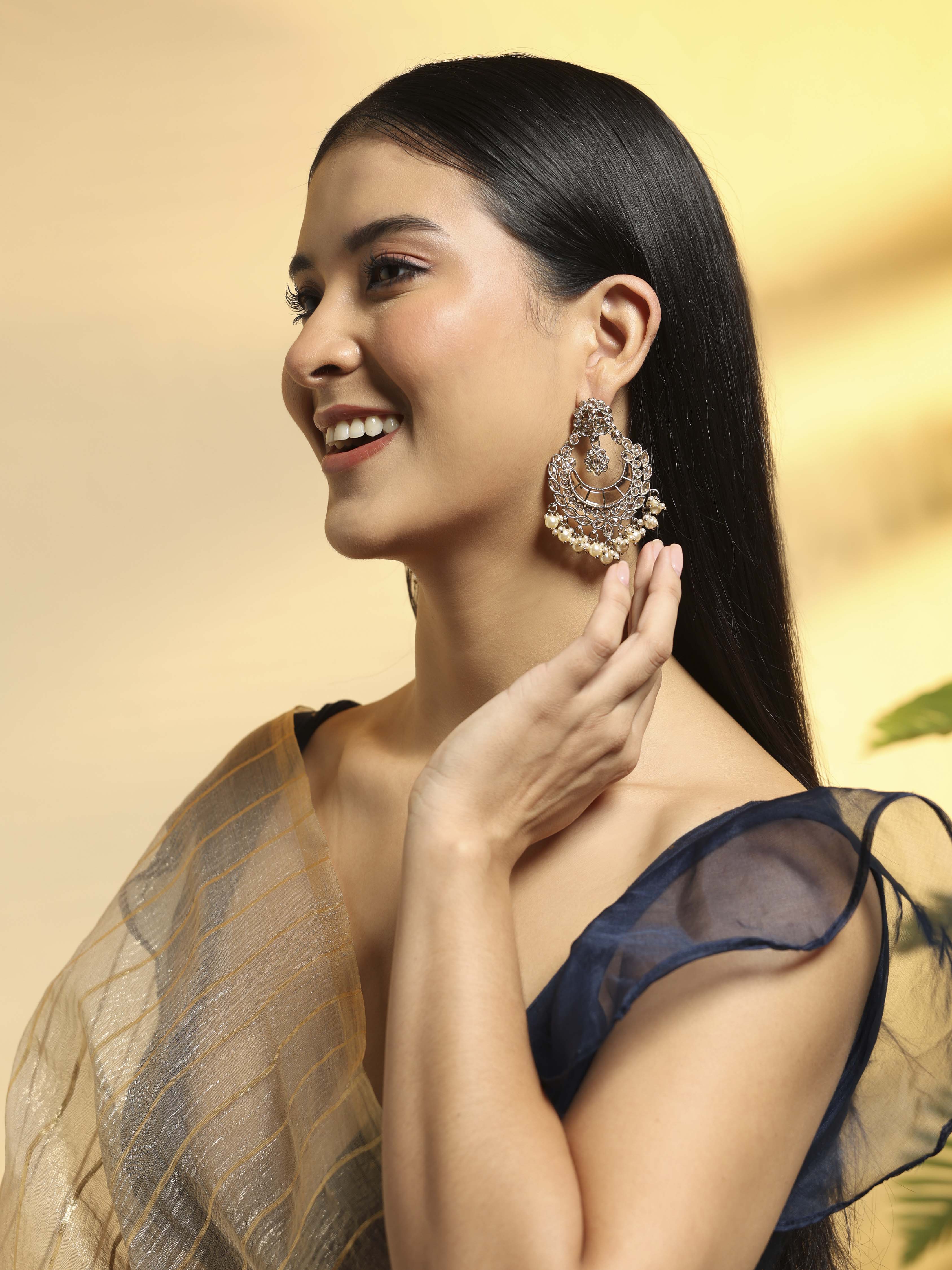 Peach Pearl Gold Plated Brass Chandbali image number 3