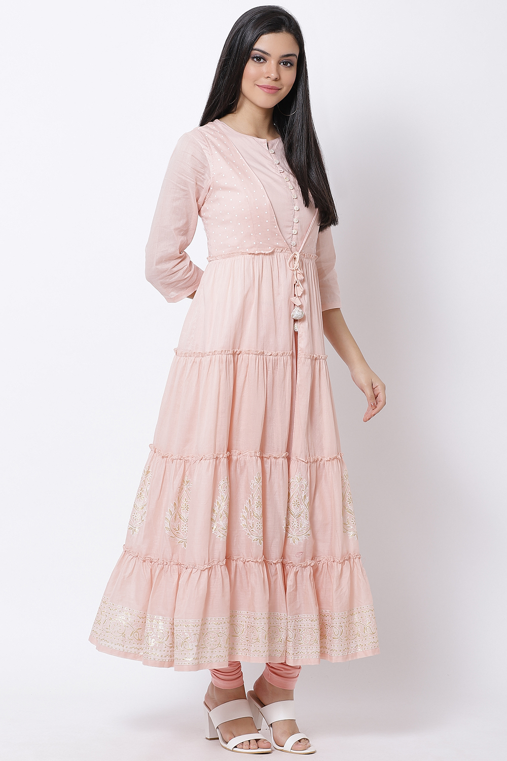 Peach Cotton Front Open Printed Kurta image number 4