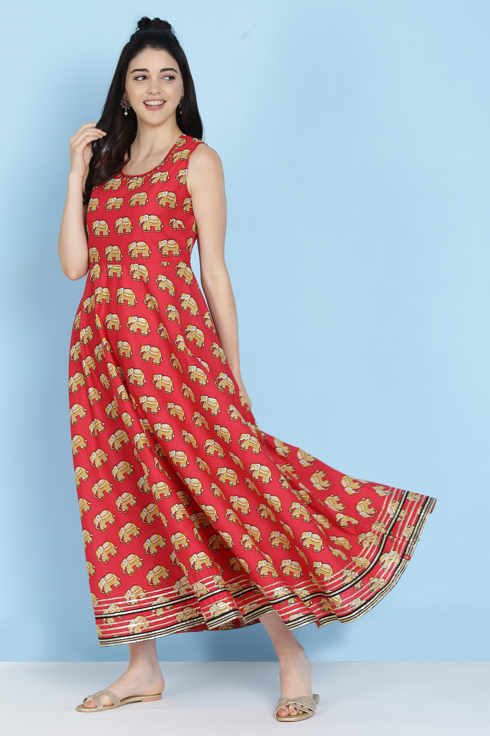 Red Cotton Fusion Wear Dress image number 4