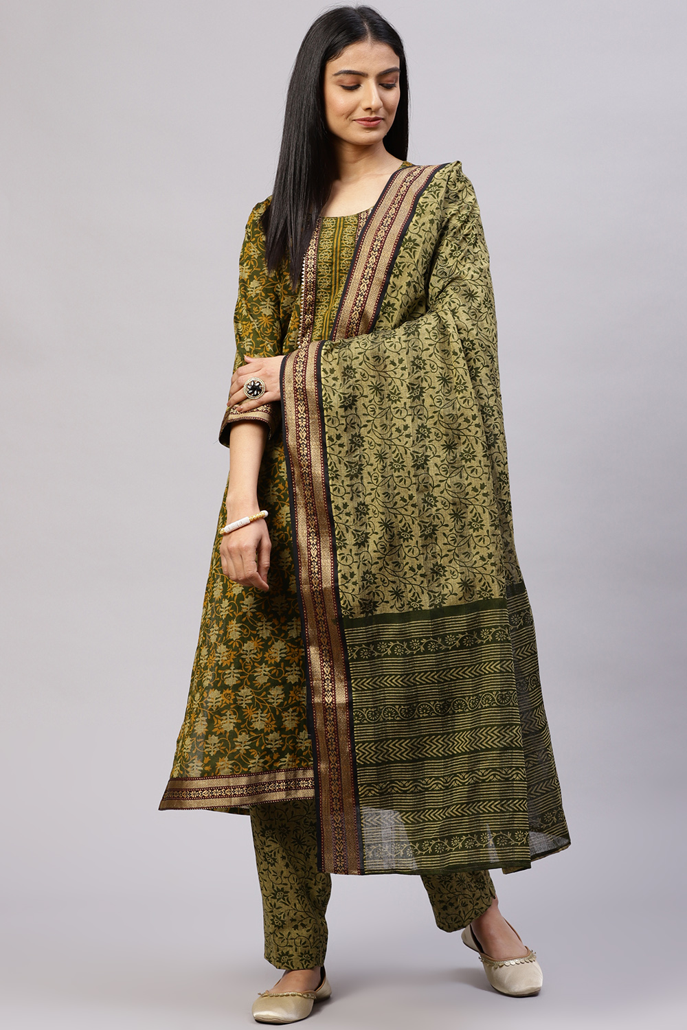 Olive Cotton Woven Unstitched Suit Set image number 6