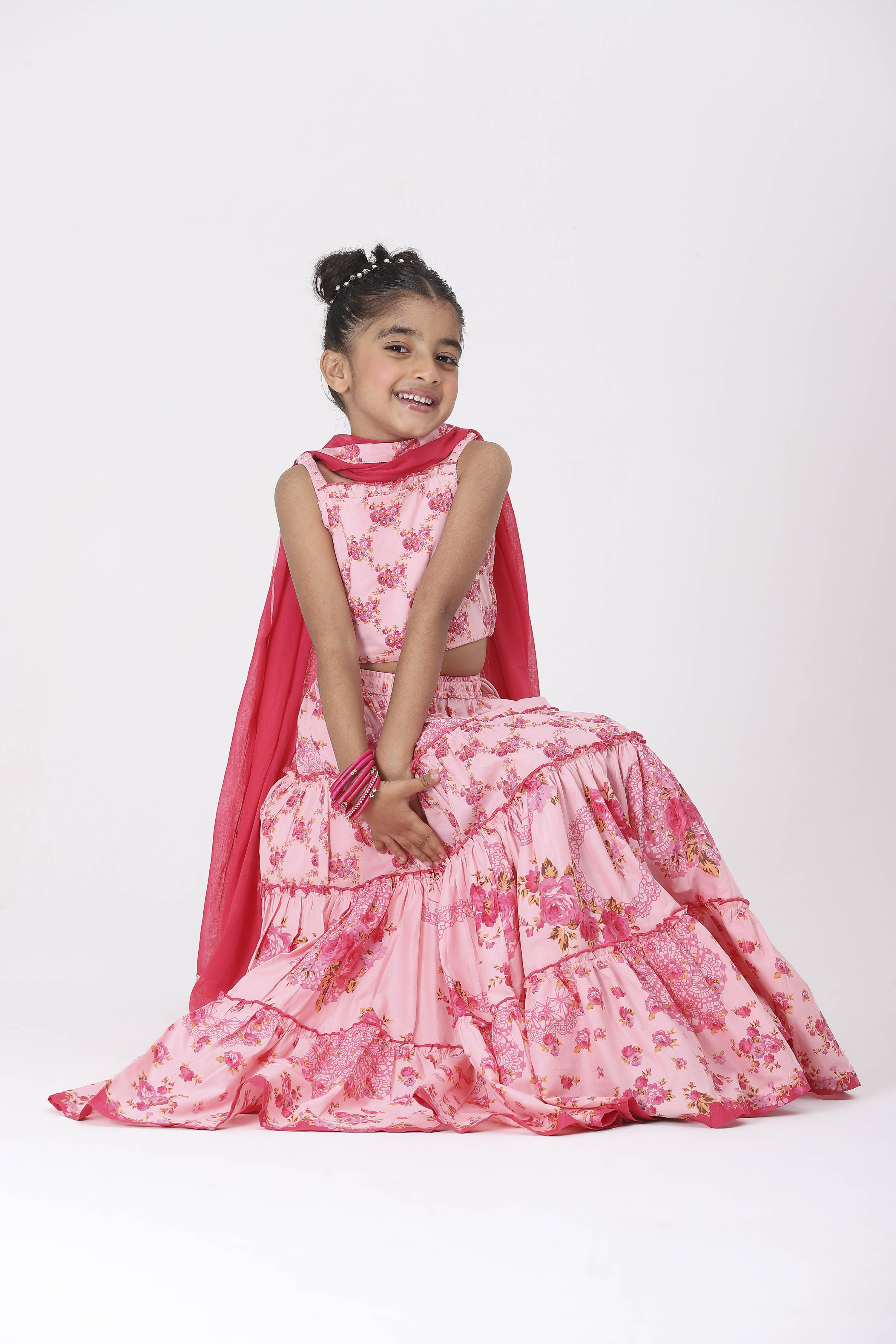 Pink Cotton Printed Regular Lehenga Set image number 2
