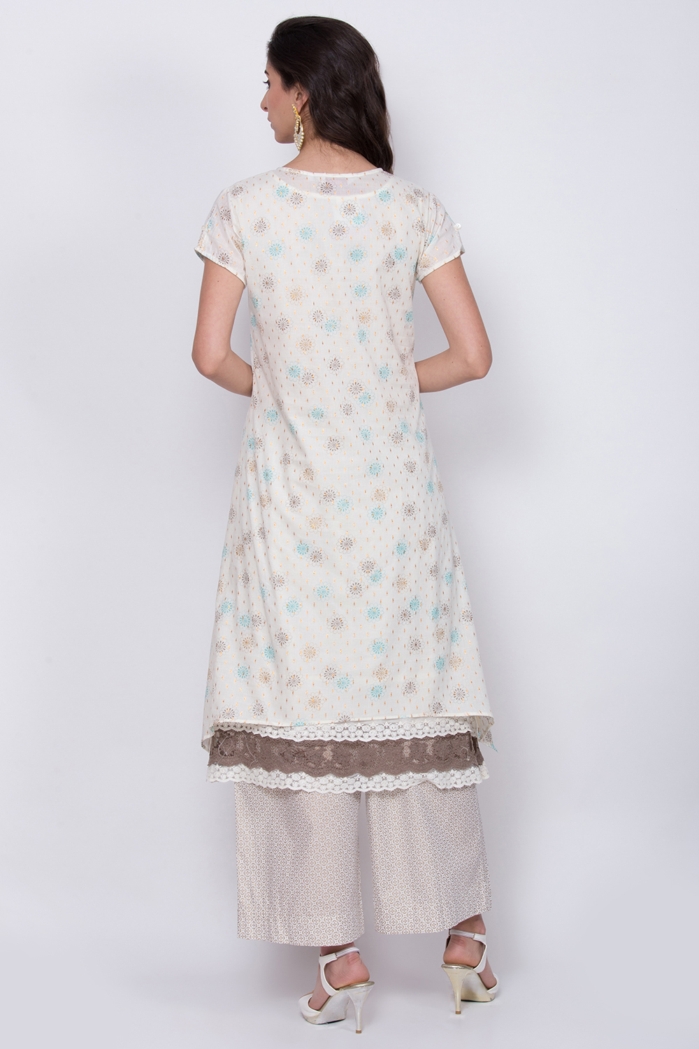 Off White Metallic Cotton A-Line Printed Kurta image number 5