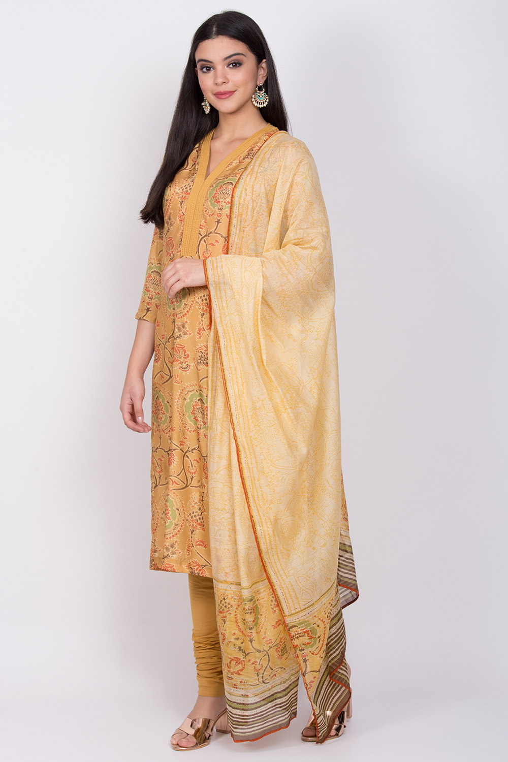 Yellow Cotton A-Line Kurta Churidar Suit Set image number 2