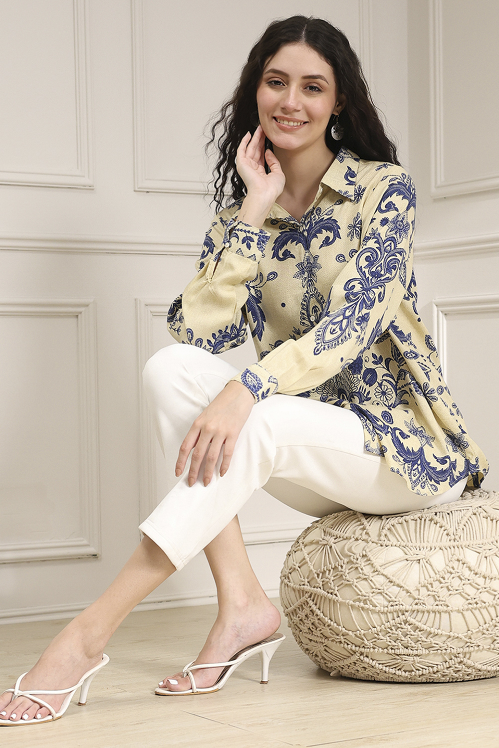Off-White and Blue Printed Relaxed Fit Shirt image number 0
