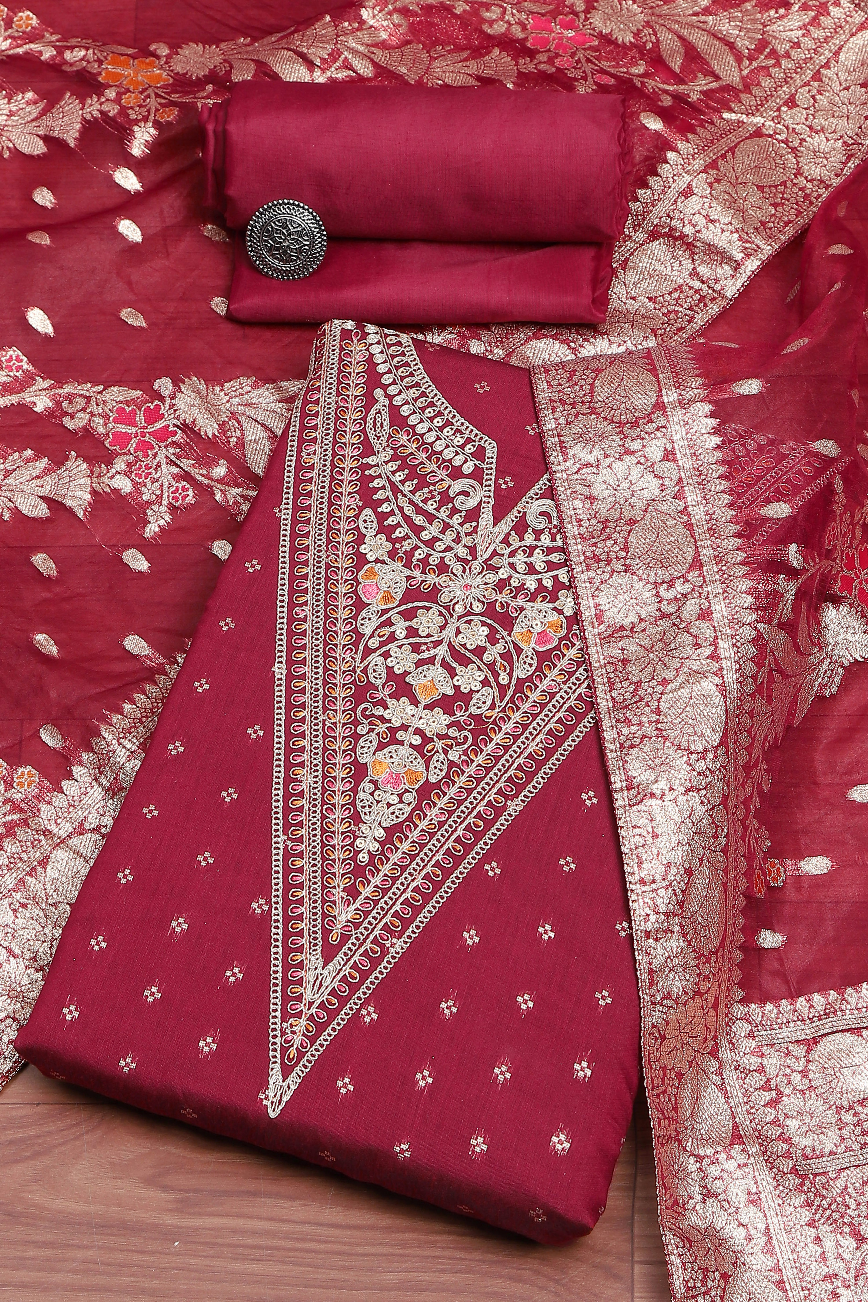 Botle Green Tissue Chanderi Embroidered Unstitched Suit Set image number 0