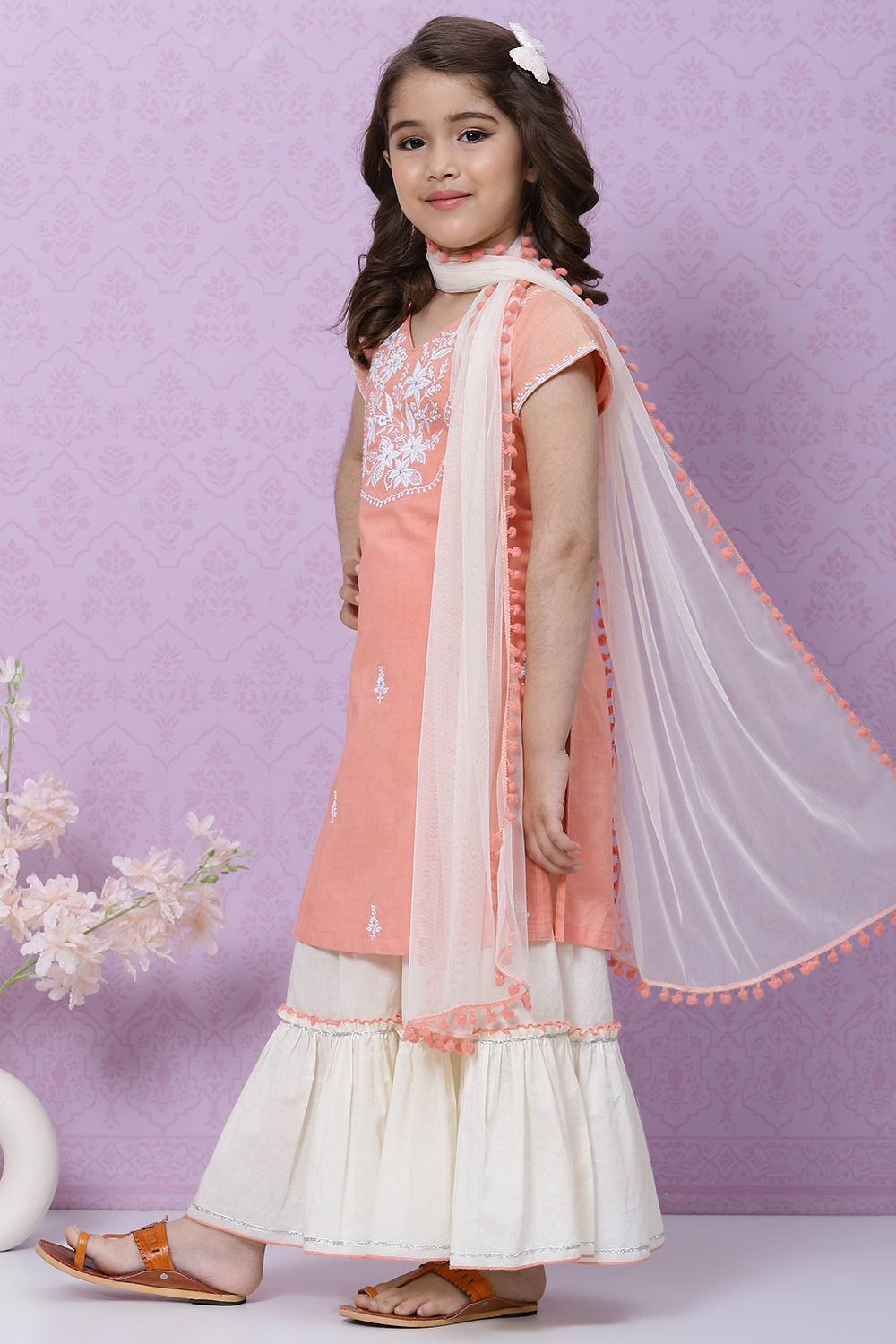 Peach Cotton Garara Kurta Sharara Suit Set image number 5