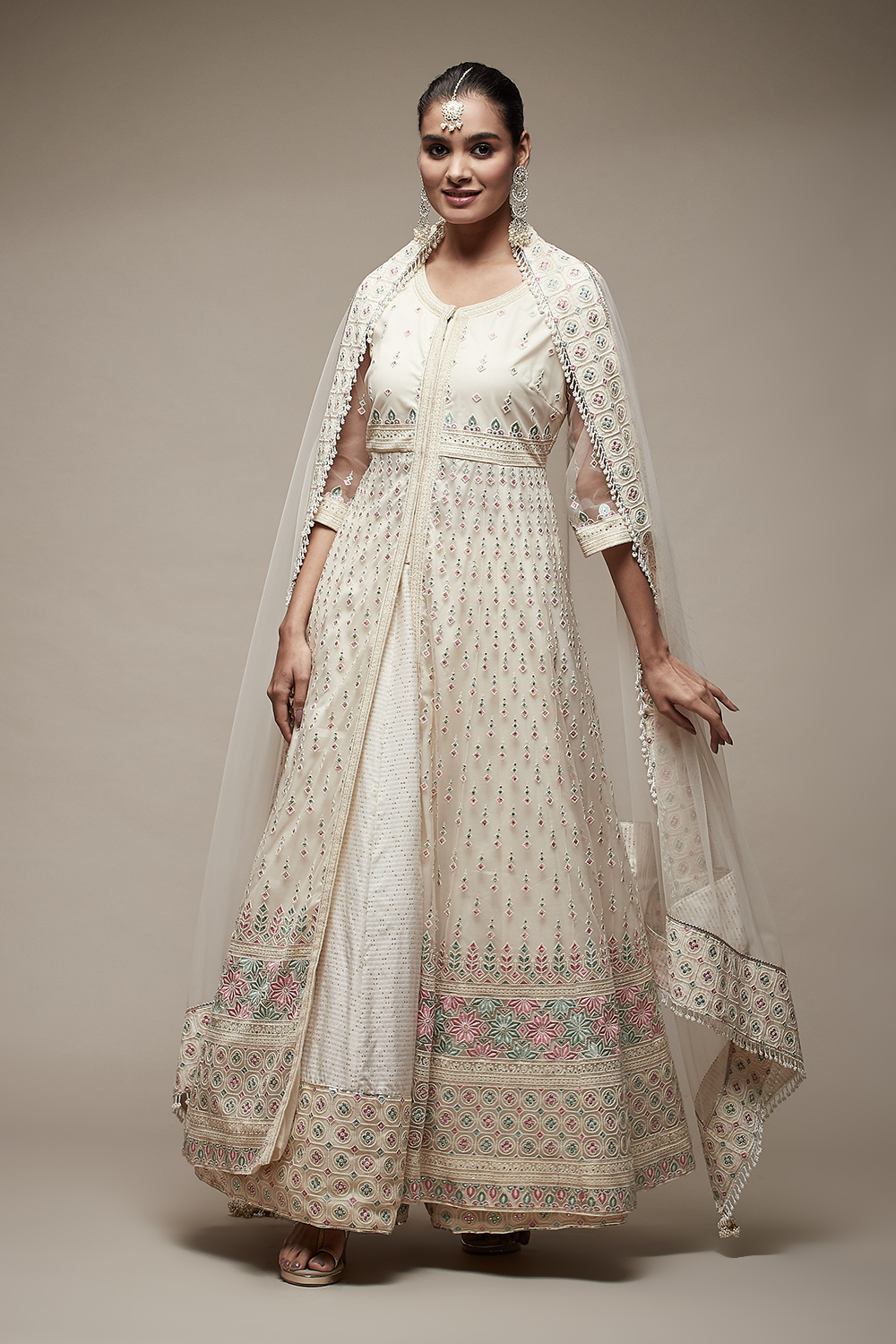 Off White Nylon Anarkali Lehenga Set image number 1