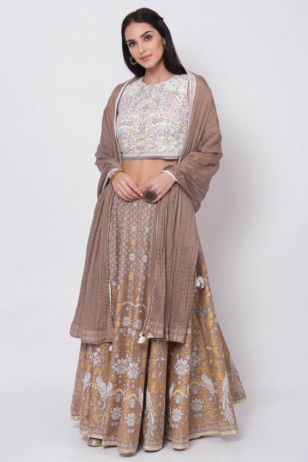 Off White And Brown Lehenga Set image number 0