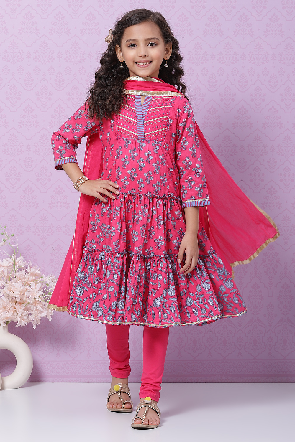Pink Cotton Tiered Kurta Churidar Suit Set image number 0