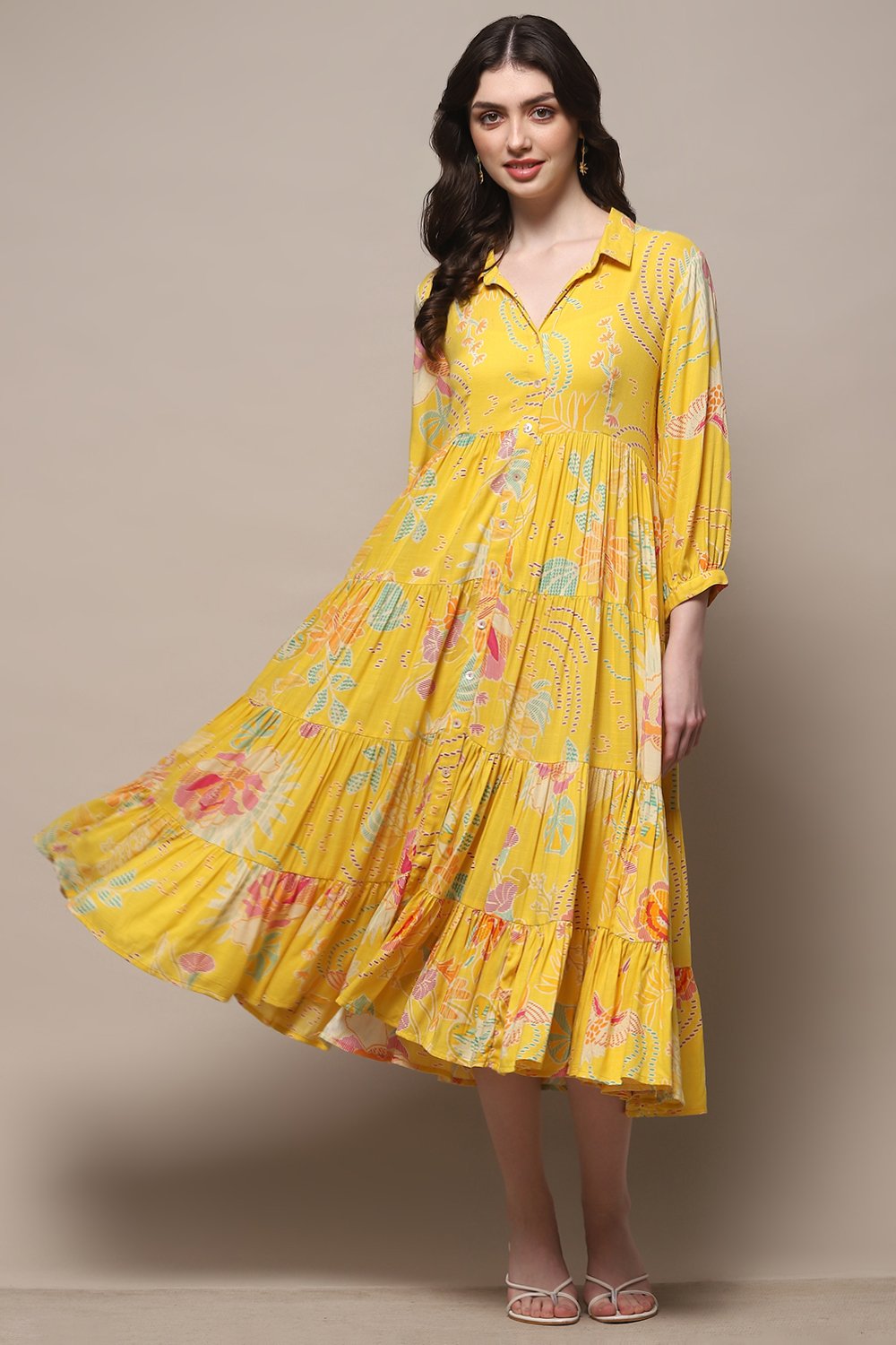 Yellow Rayon Tiered Dress image number 5