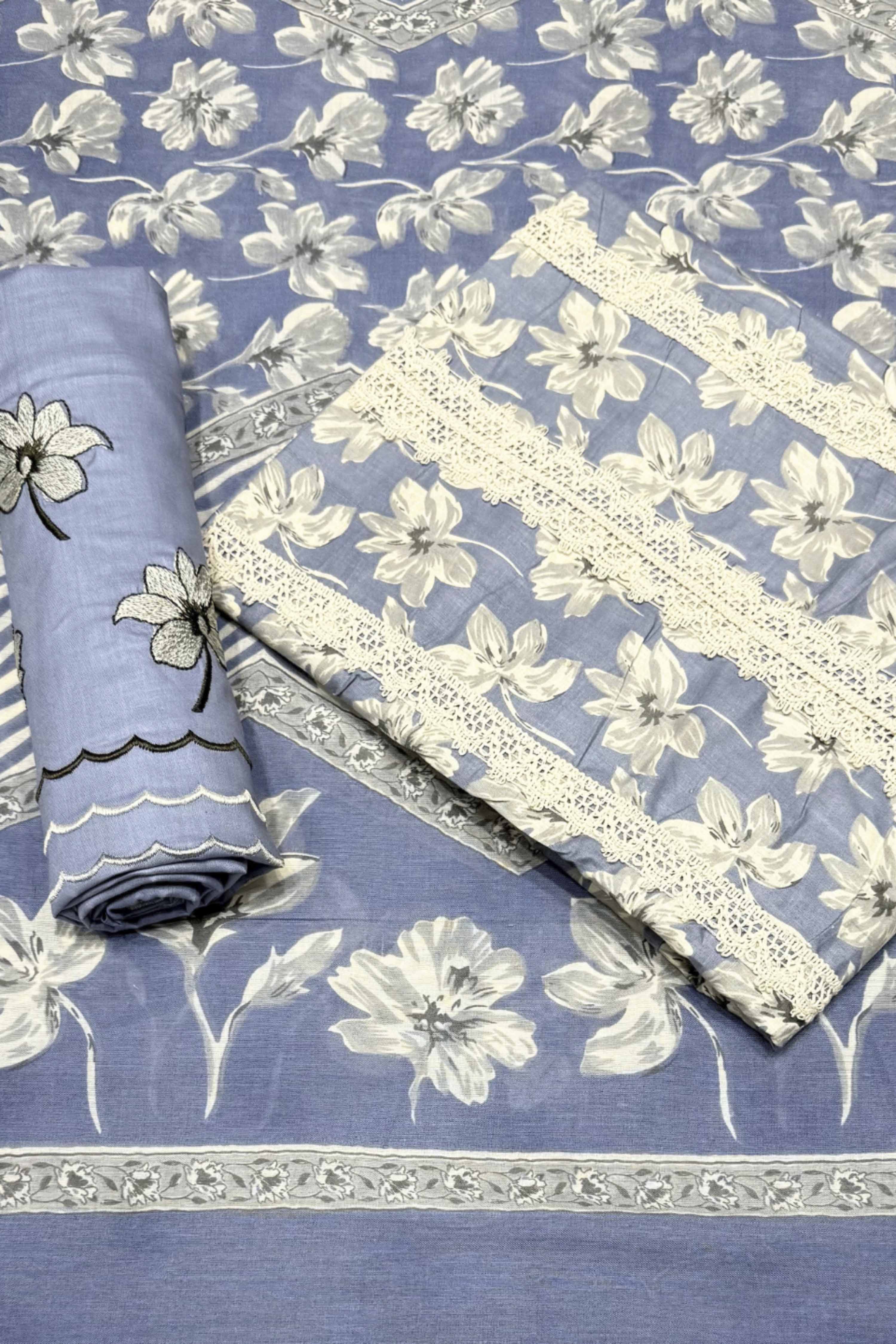Teal Cotton Printed Unstitched Suit Set image number 0