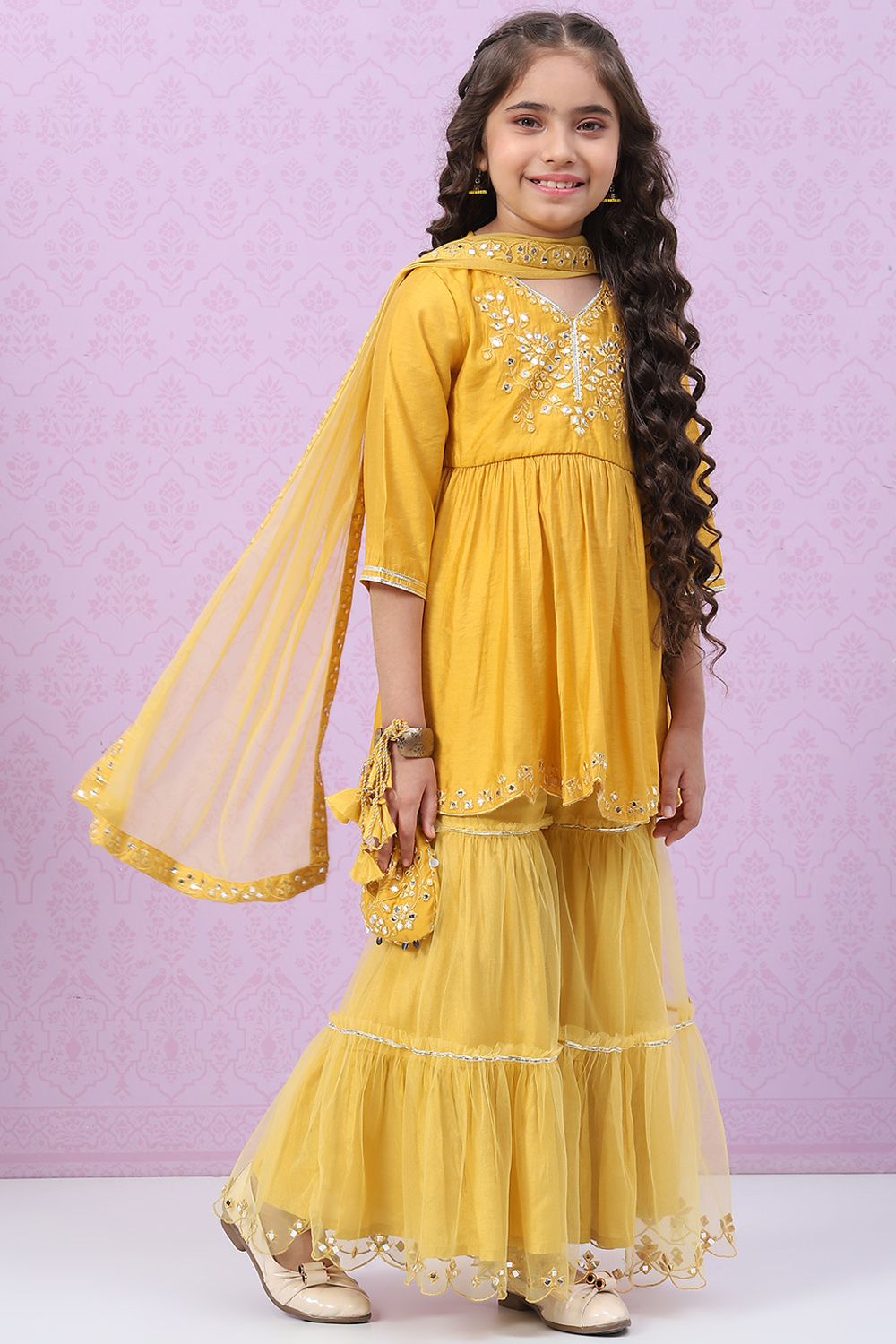 Mustard Yellow Nylon Gathered Kurta Sharara Suit Set image number 6