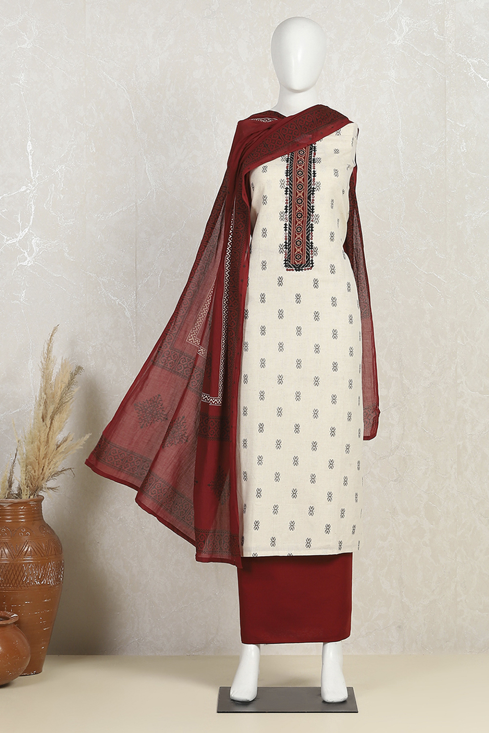 Cobalt Blue Cotton Printed Embroidered Unstitched Suit Set image number 4