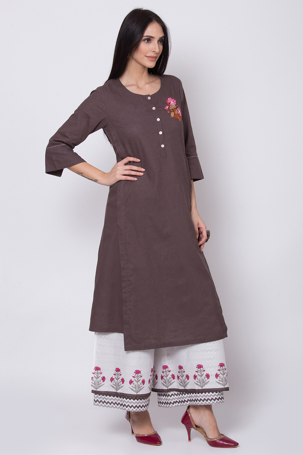 Charcoal Cotton A-Line Kurta Palazzo Suit Set image number 4