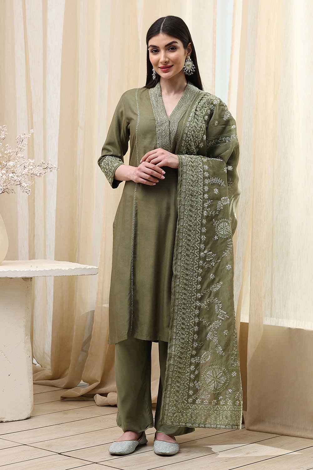 Sage Green Cotton Blend Straight Kurta Palazzo Suit Set image number 6