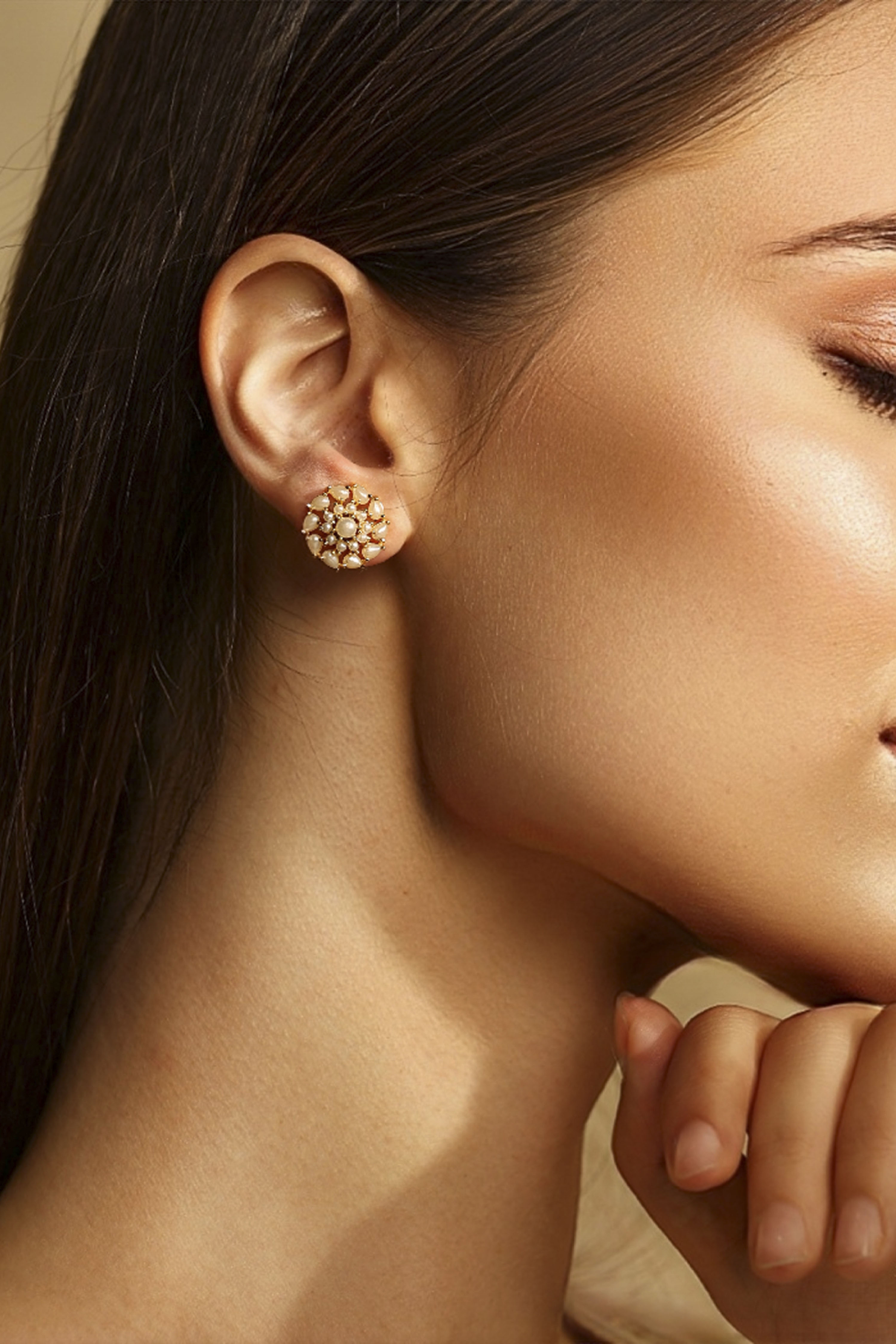 Pearl Brass Gold-Plated Cluster Stud Earrings image number 1
