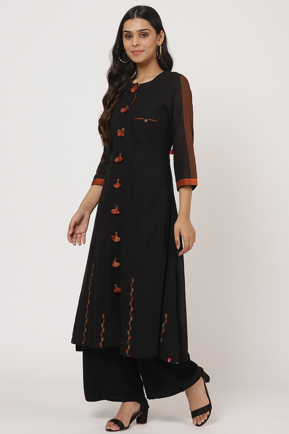 Black Cotton A-Line Yarndyed Kurta image number 3