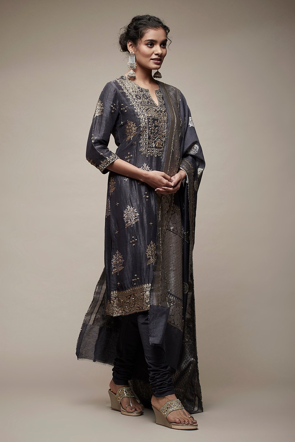 Charcoal Grey Silk Blend Straight Suit Set image number 4