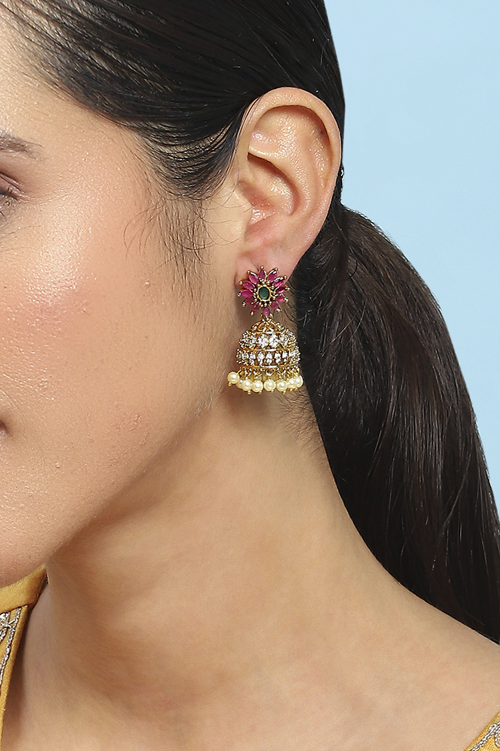 Gold Pink Alloy Jhumka image number 1