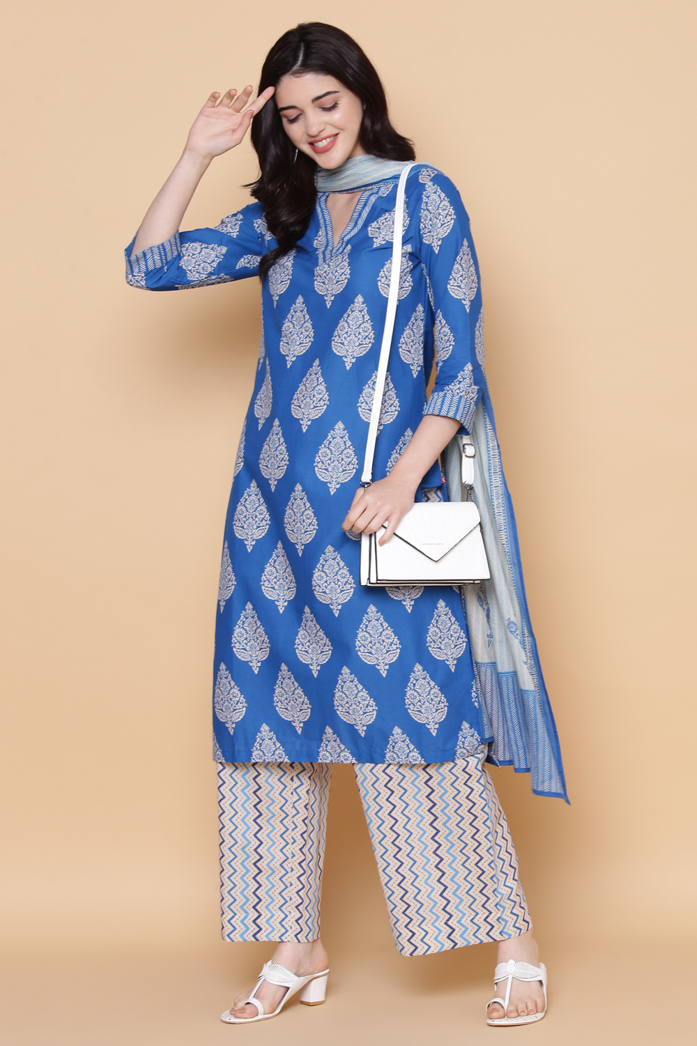 Royal Blue Cotton Straight Kurta Palazzo Suit Set image number 7