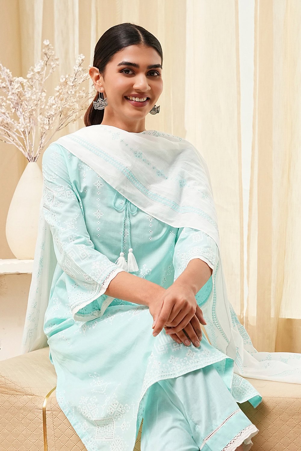 Aqua Cotton Printed Straight Suit Set image number 7