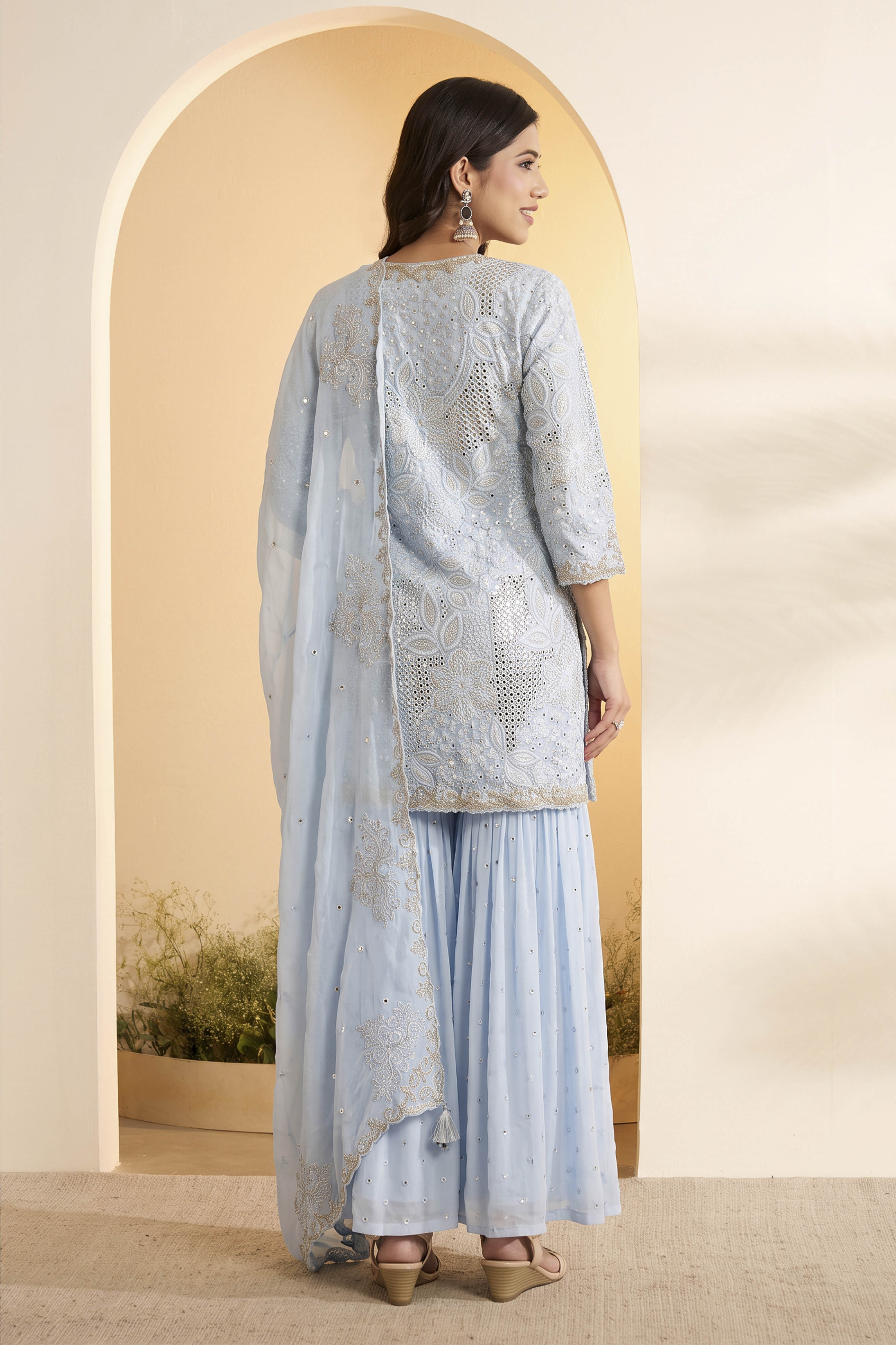 Powder Blue Butterfly Net Embroidered Sharara Suit Set image number 4
