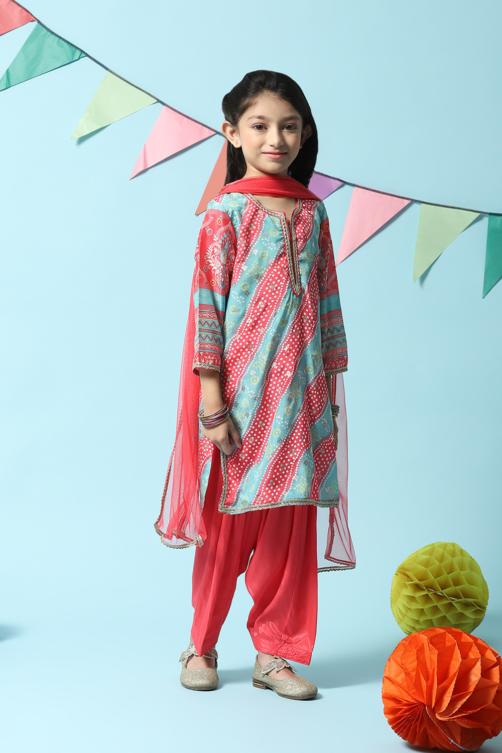 Sea Green Polyester Straight Printed Kurta Salwar Suit Set image number 6