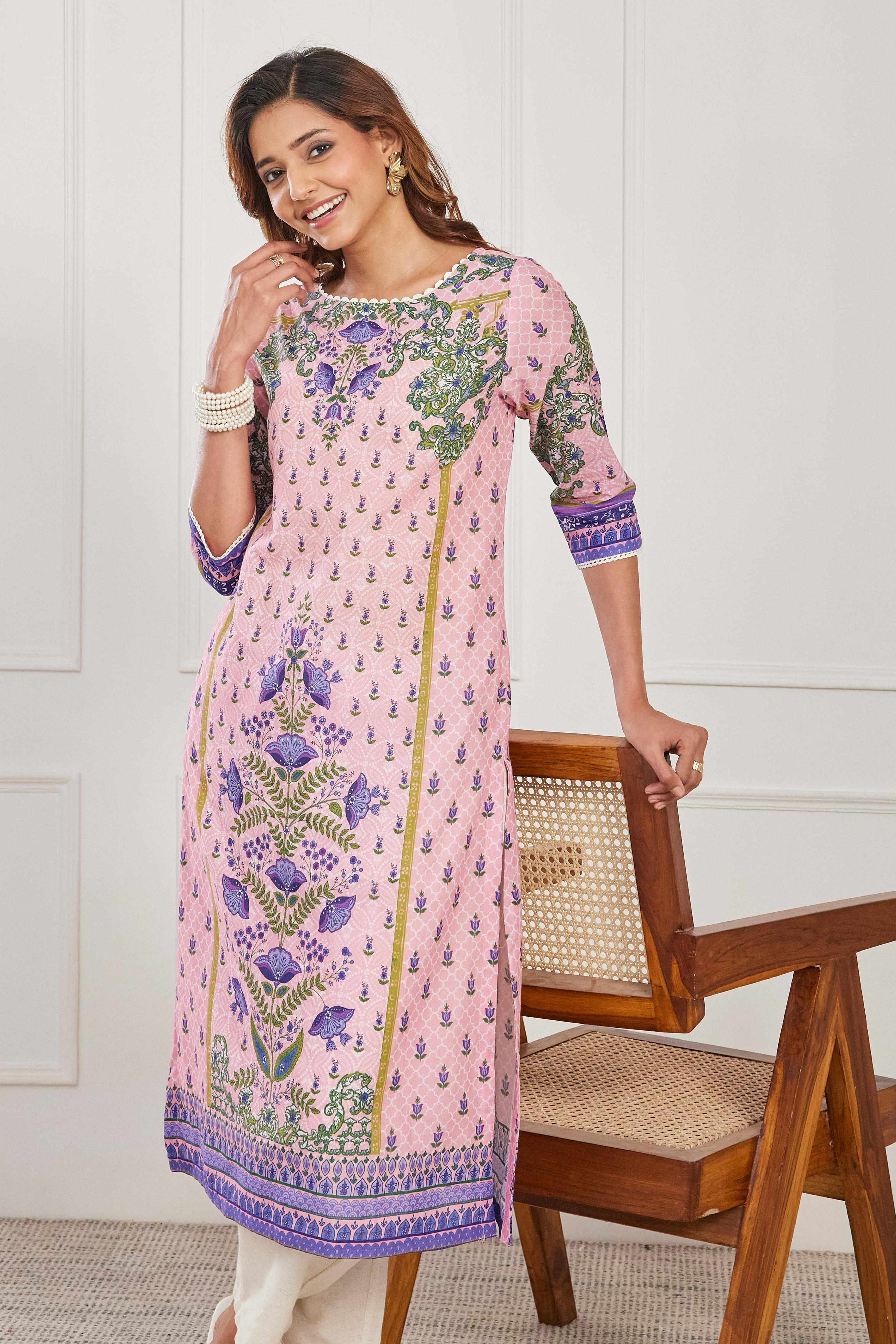 Pink Cotton Printed Straight Kurta image number 6
