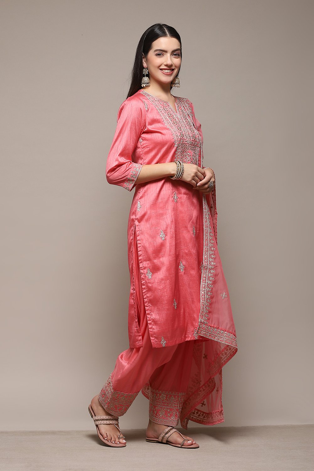 Coral Polyester Straight Kurta Salwar Suit Set image number 6