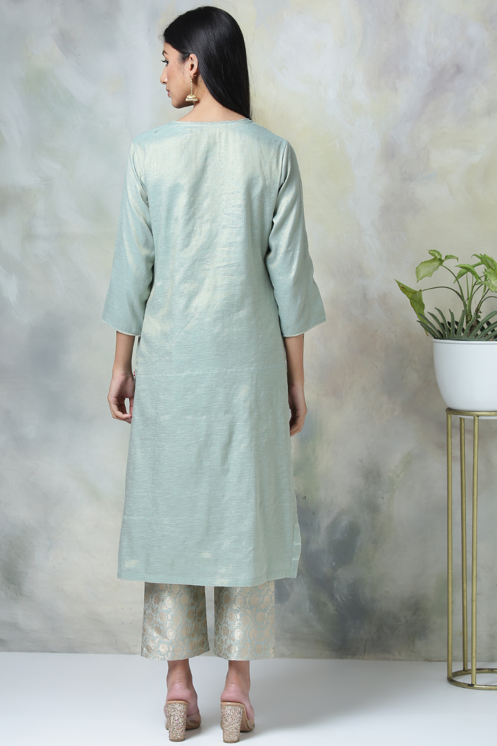 Sage Green Metallic Cotton Kurta Pants Set image number 6