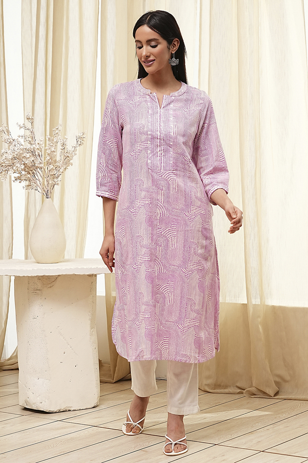 Yellow Cotton Printed Straight Kurta image number 4