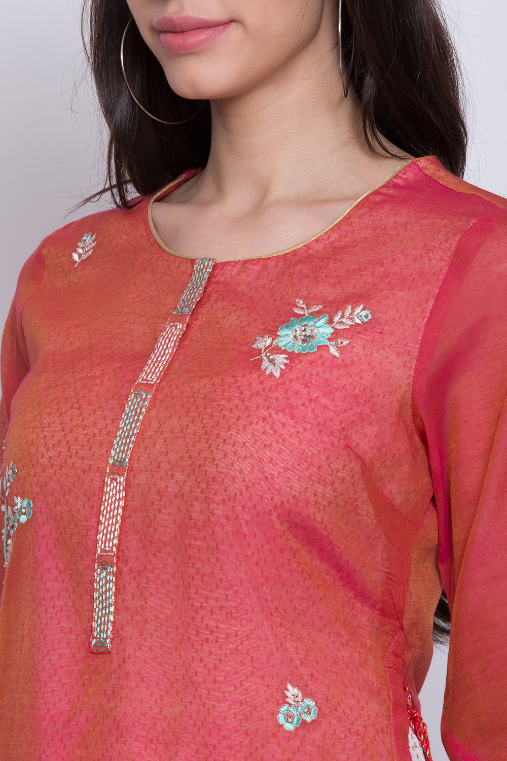 Pink Poly Cotton Flared Yarndyed Kurta image number 1