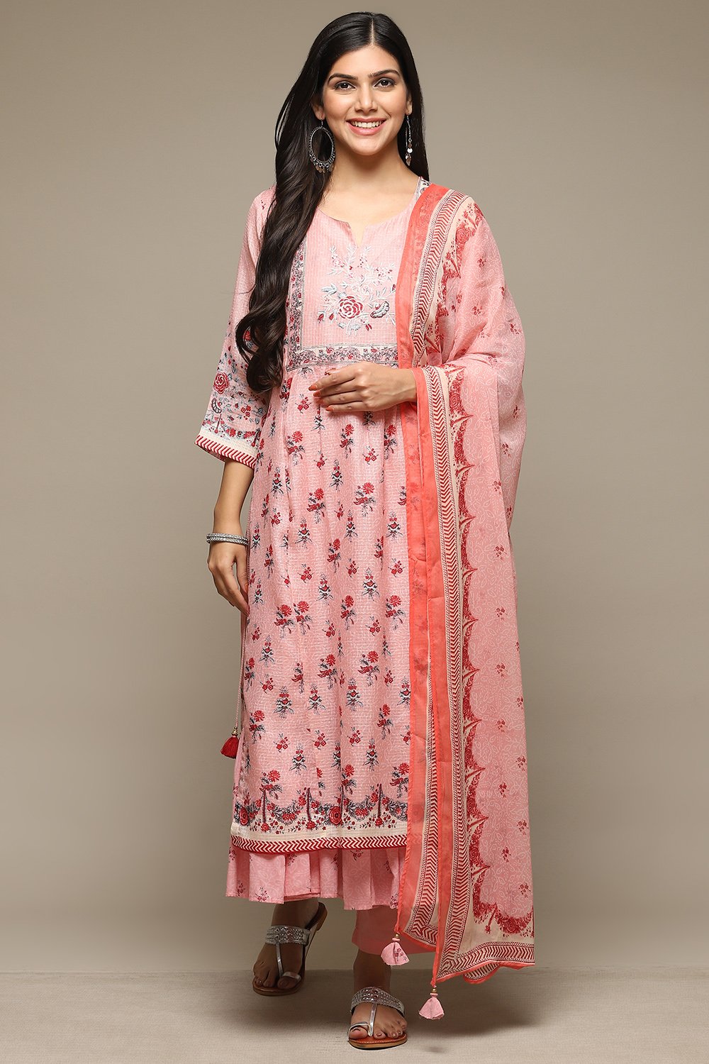 Dry Rose Cotton Blend Layered Kurta Pants Suit Set image number 0