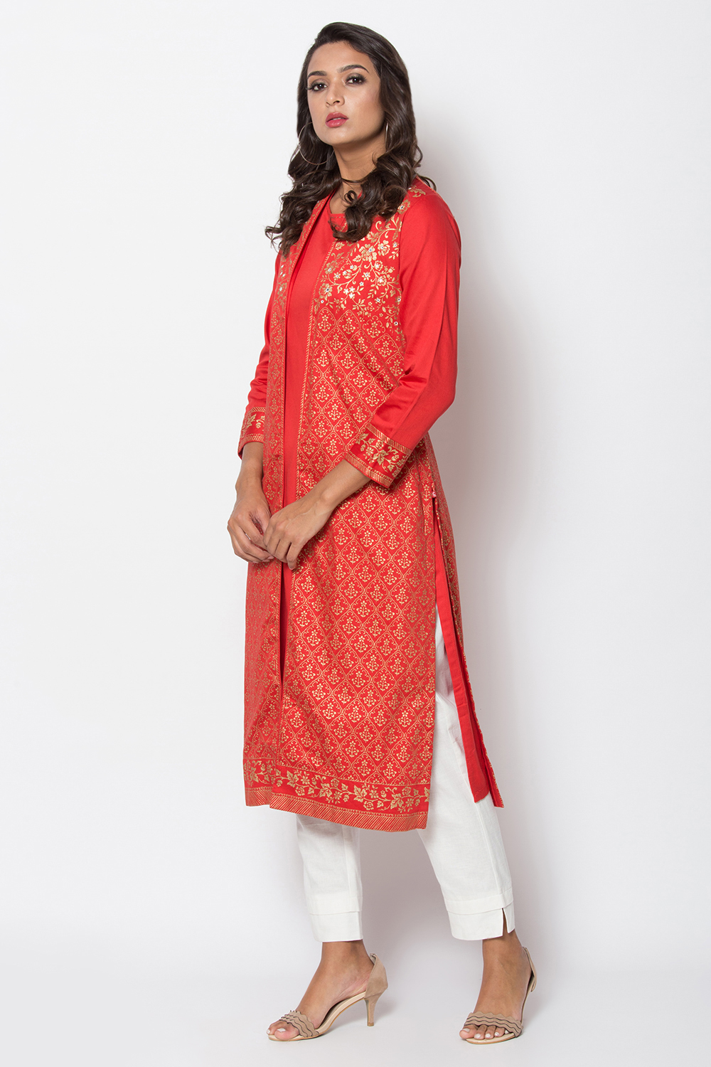 Red Cotton Front Open Printed Kurta image number 3