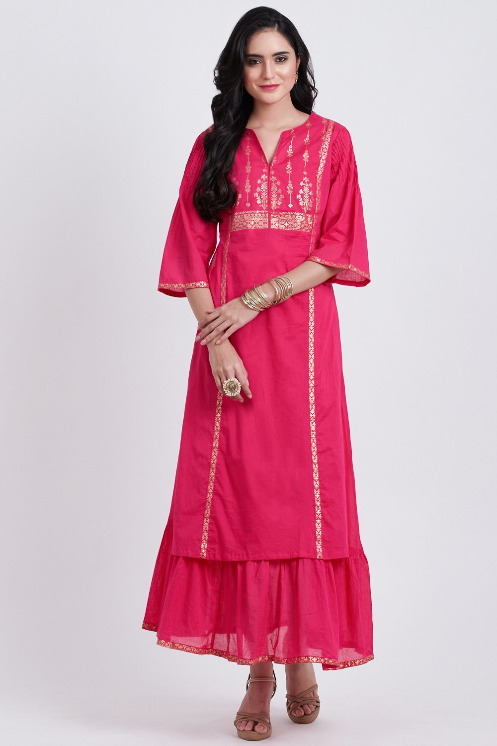 Fuchsia Cotton Flared Printed Kurta image number 0